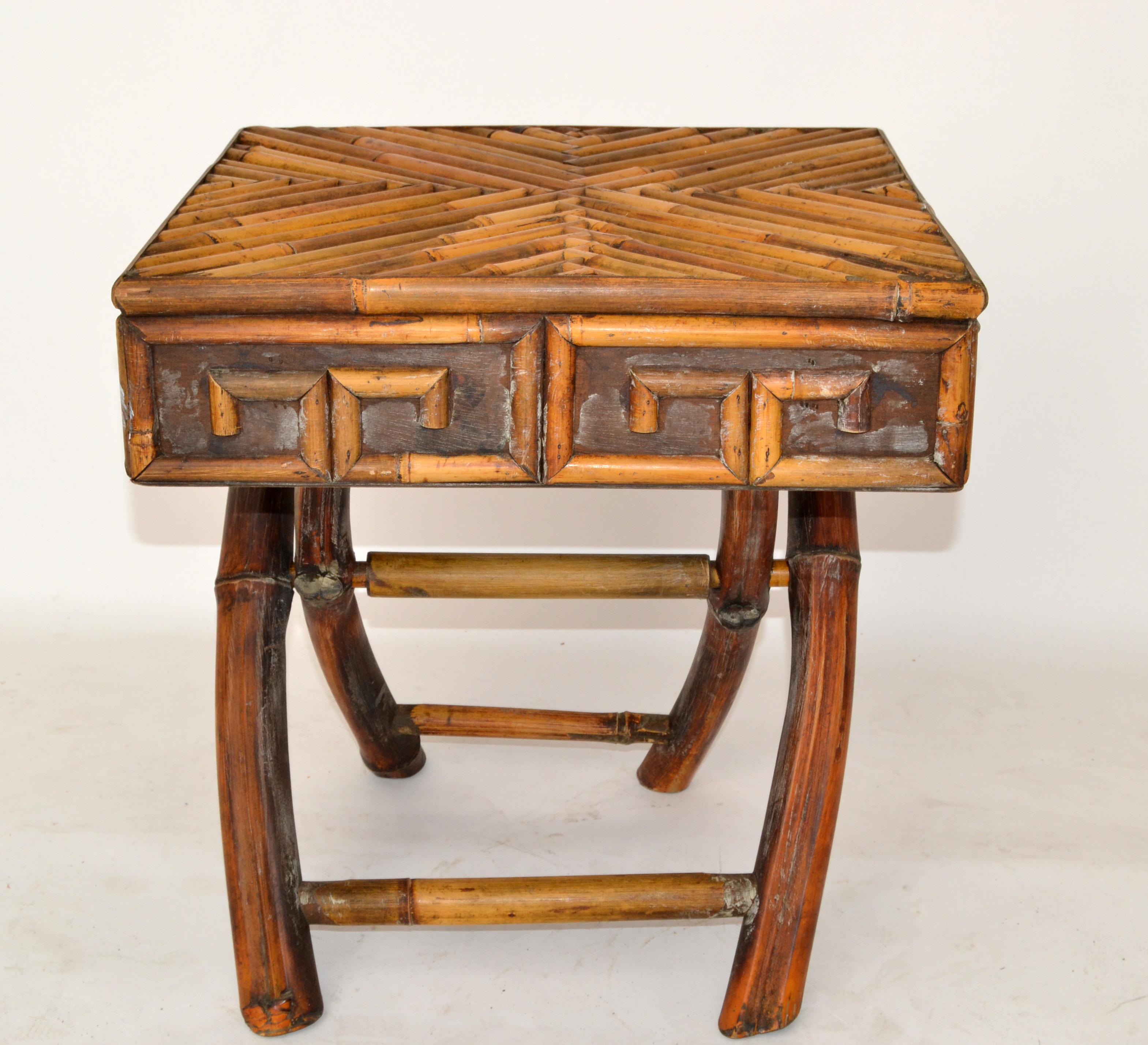1 Bohemian Greek Key Pattern Handcrafted Bamboo & Cane Folding Side Drink Table In Good Condition For Sale In Miami, FL