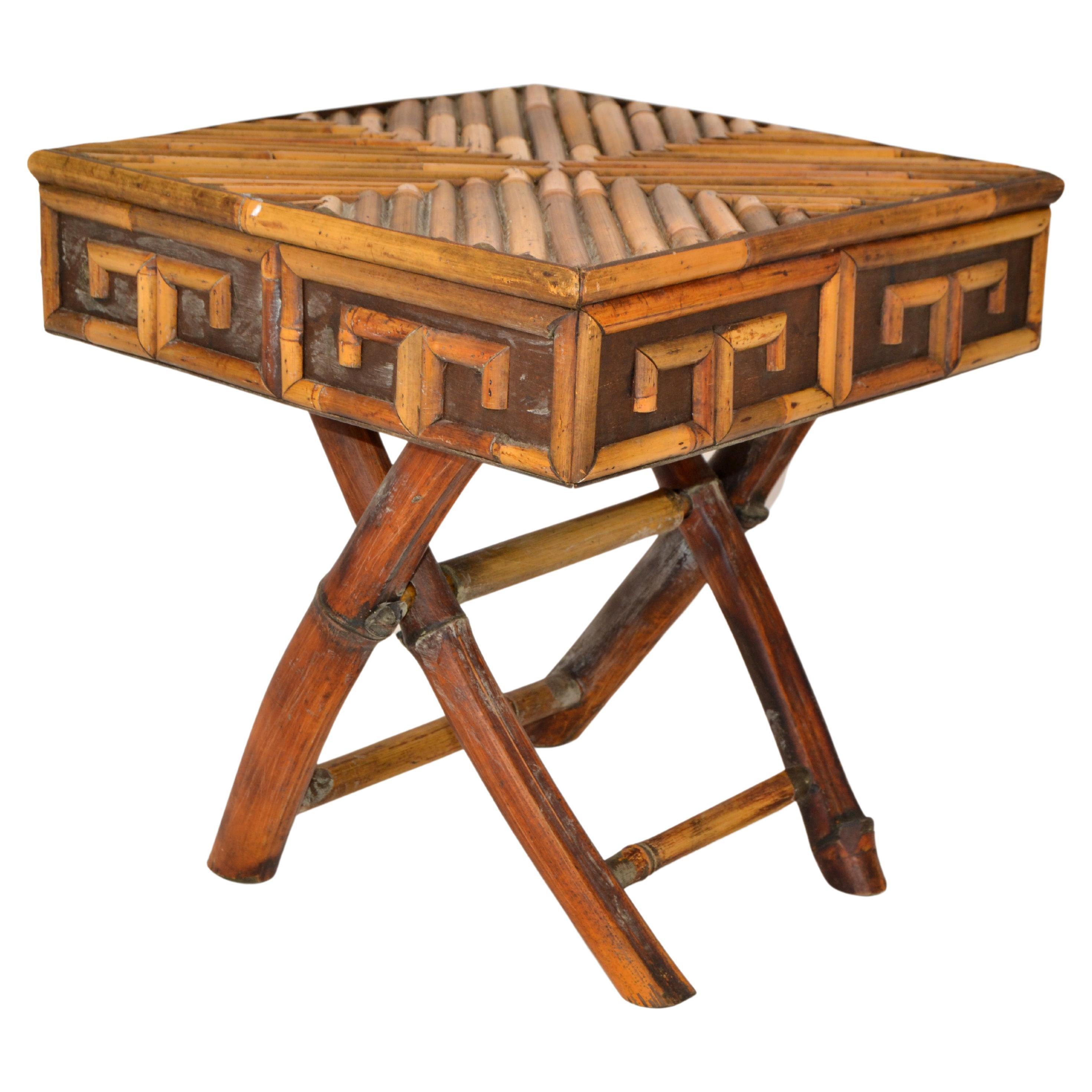 1 Bohemian Greek Key Pattern Handcrafted Bamboo & Cane Folding Side Drink Table For Sale