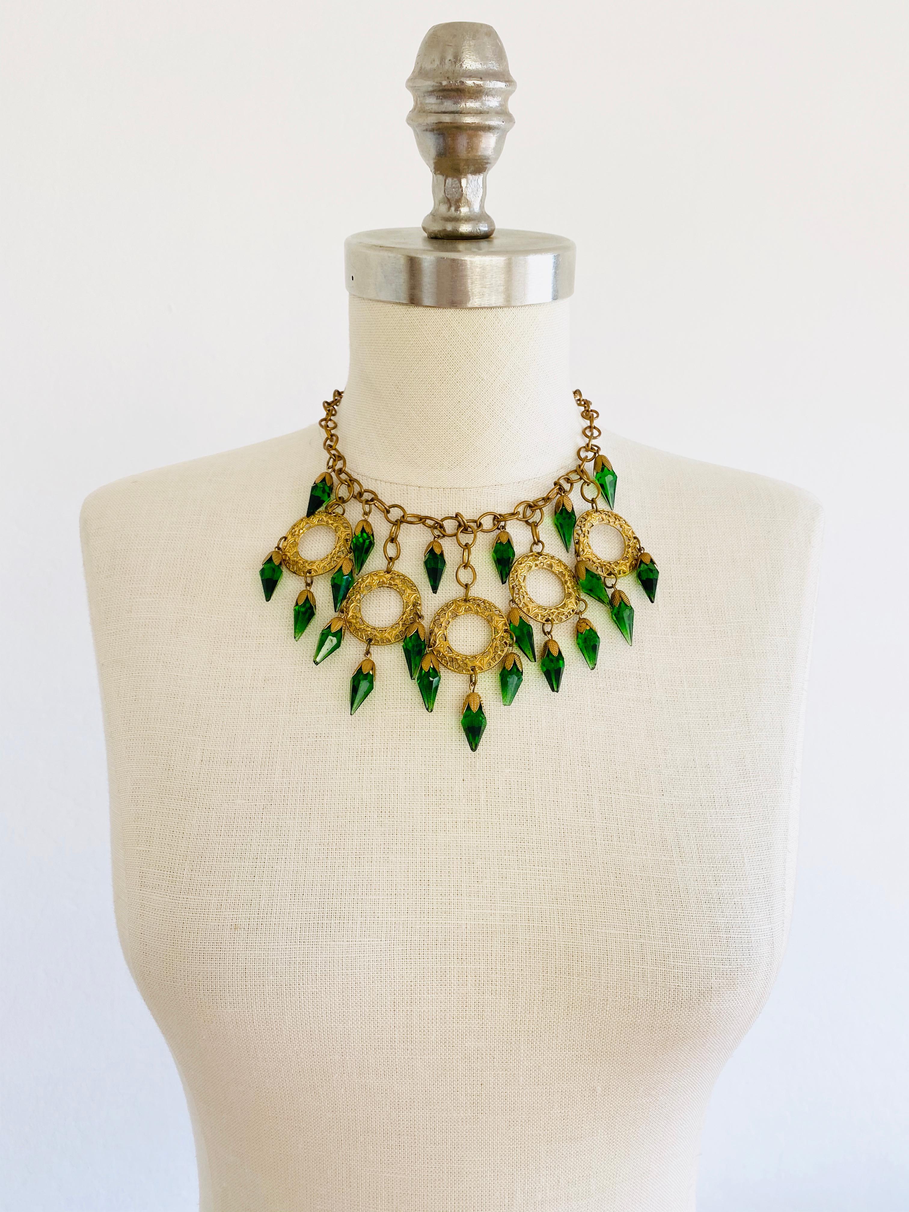 Bohemian Green Glass Dangle Choker Bib Necklace In Good Condition For Sale In Sausalito, CA