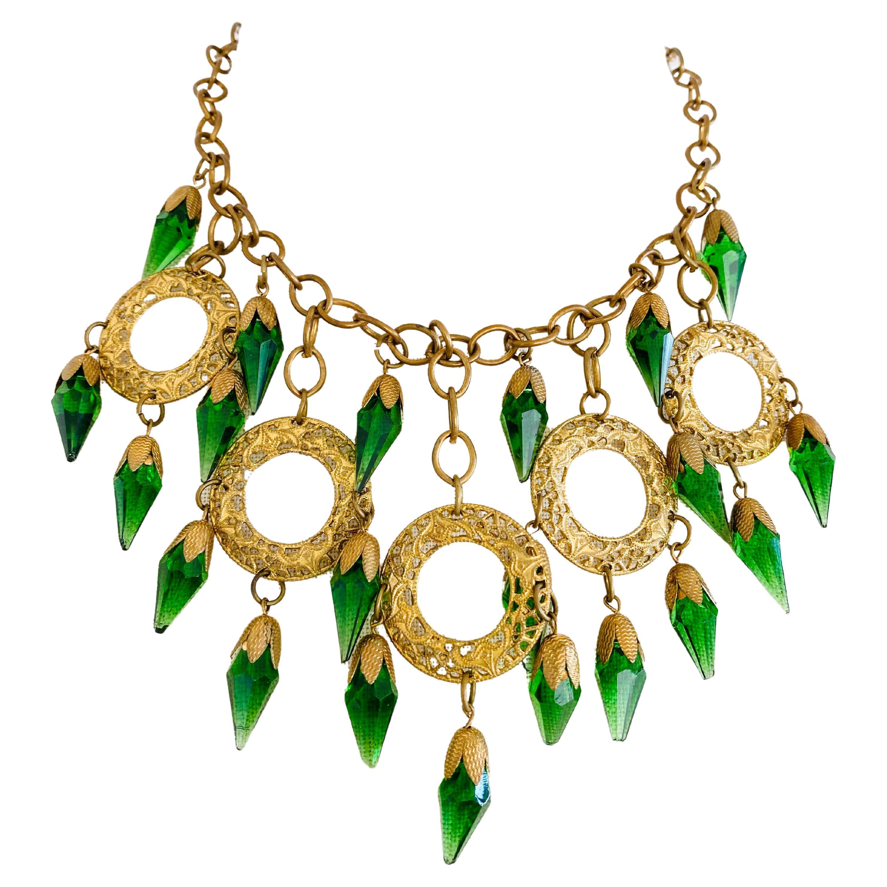 Bohemian Green Glass Dangle Choker Bib Necklace For Sale