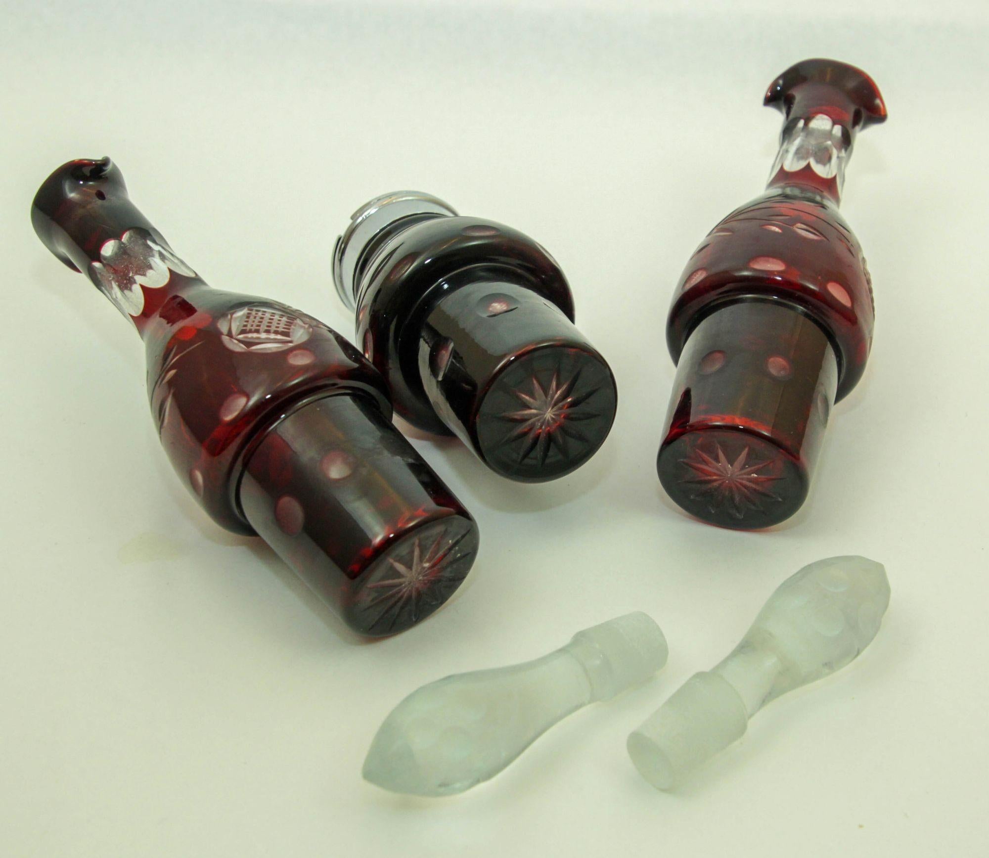 Bohemian Hand Cut Ruby Red Cut Crystal Condiment Cruet Set For Sale 5