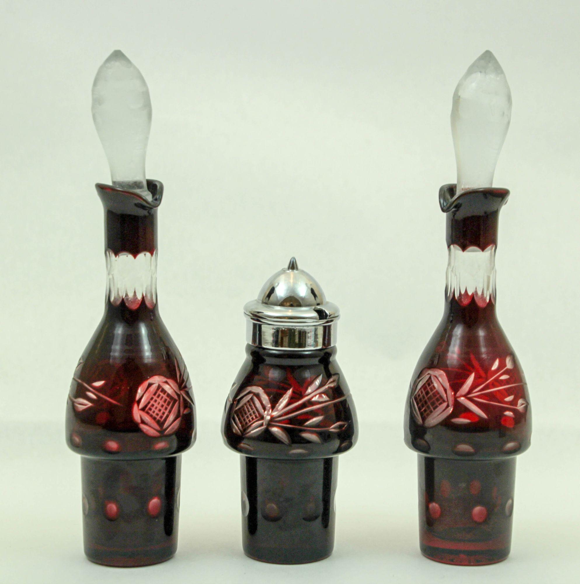 Bohemian Hand Cut Ruby Red Cut Crystal Condiment Cruet Set For Sale 7