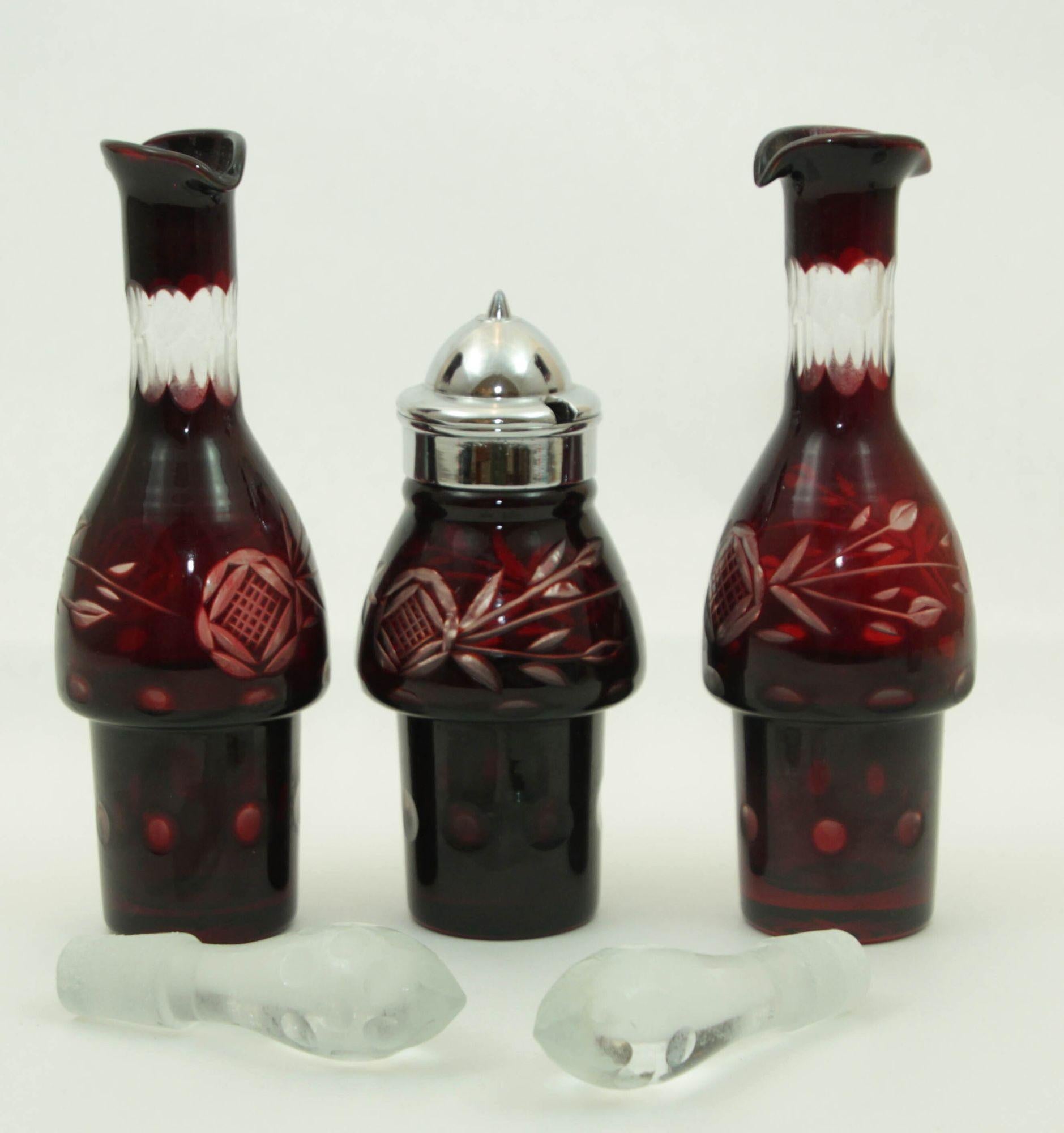 Victorian Bohemian Hand Cut Ruby Red Cut Crystal Condiment Cruet Set For Sale