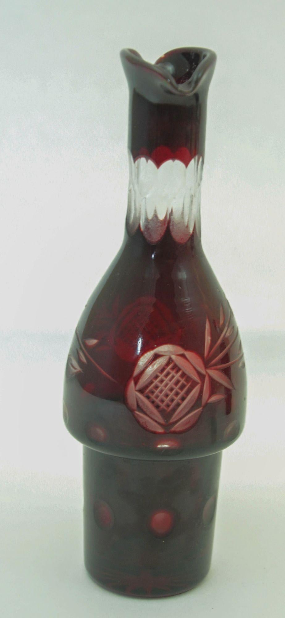 Hand-Crafted Bohemian Hand Cut Ruby Red Cut Crystal Condiment Cruet Set For Sale
