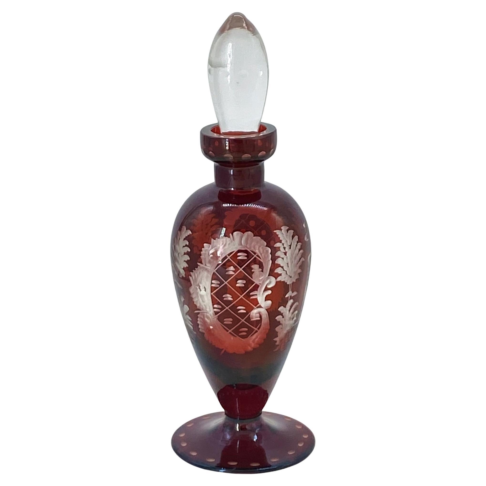 Artisan Bohemian Hand Cut Ruby Red Perfume Bottle For Sale