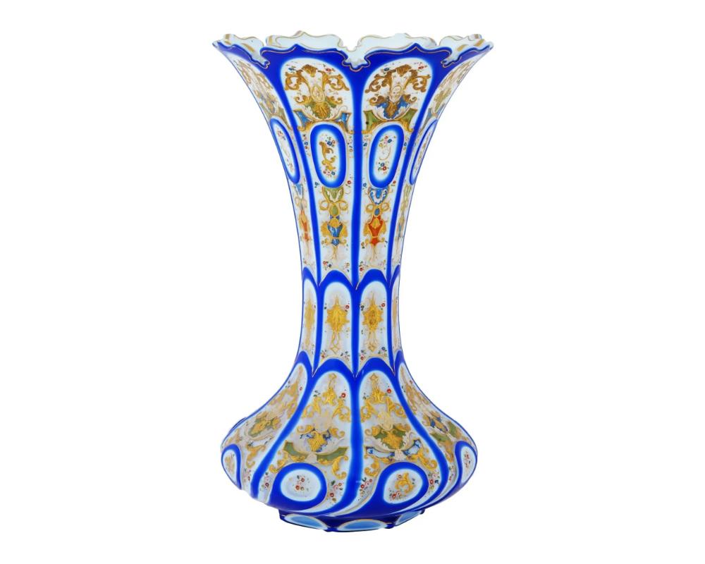 Czech Bohemian Hand Enamel Opaline Glass Fluted Vase For Sale