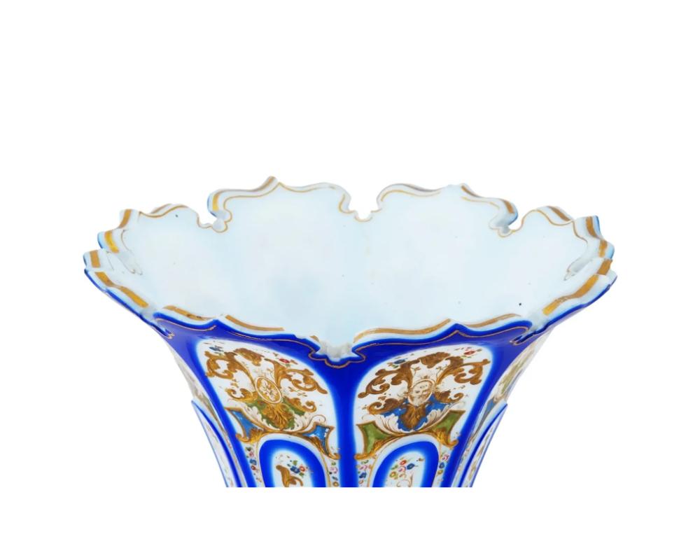 19th Century Bohemian Hand Enamel Opaline Glass Fluted Vase For Sale