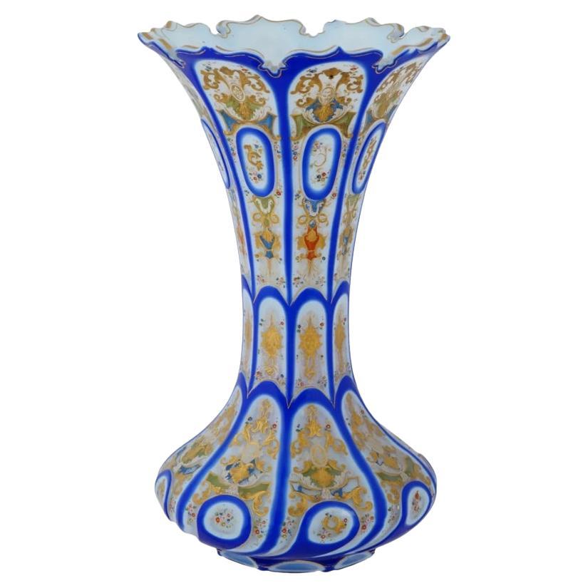 Bohemian Hand Enamel Opaline Glass Fluted Vase For Sale