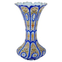 Antique Bohemian Hand Enamel Opaline Glass Fluted Vase