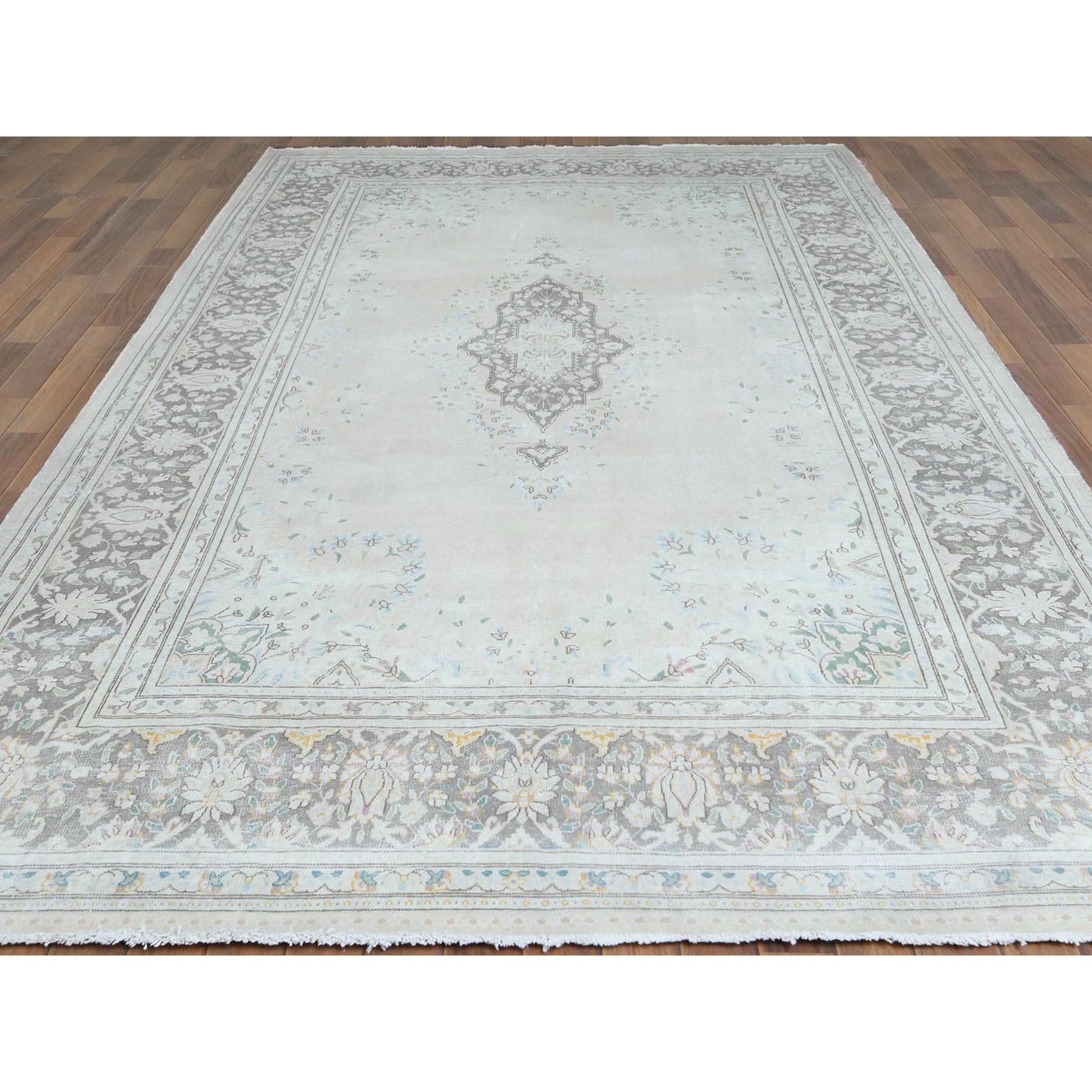 Medieval Bohemian Hand Knotted Washed Out Gray Pure Wool Worn Down Persian Kerman Rug For Sale