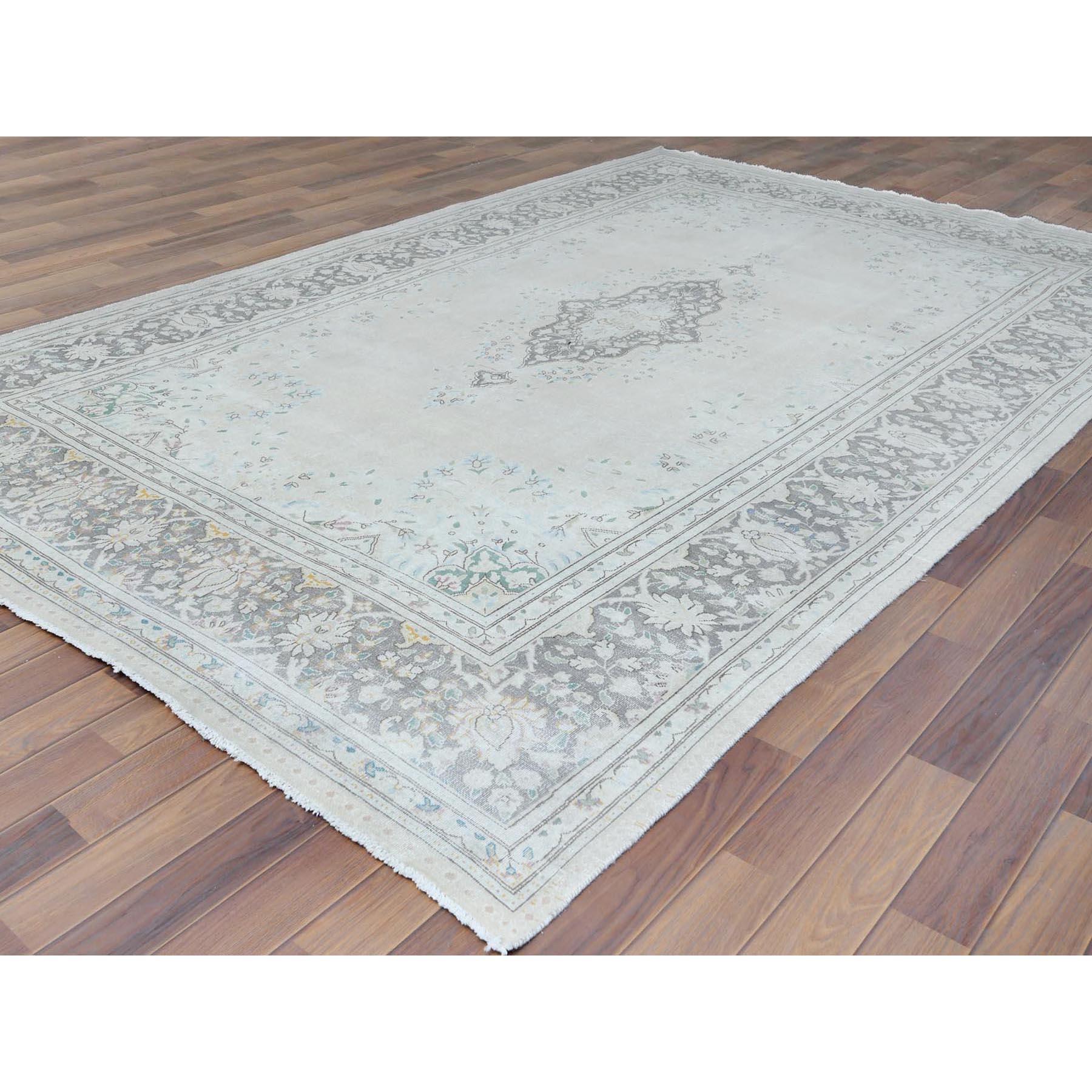 Hand-Knotted Bohemian Hand Knotted Washed Out Gray Pure Wool Worn Down Persian Kerman Rug For Sale