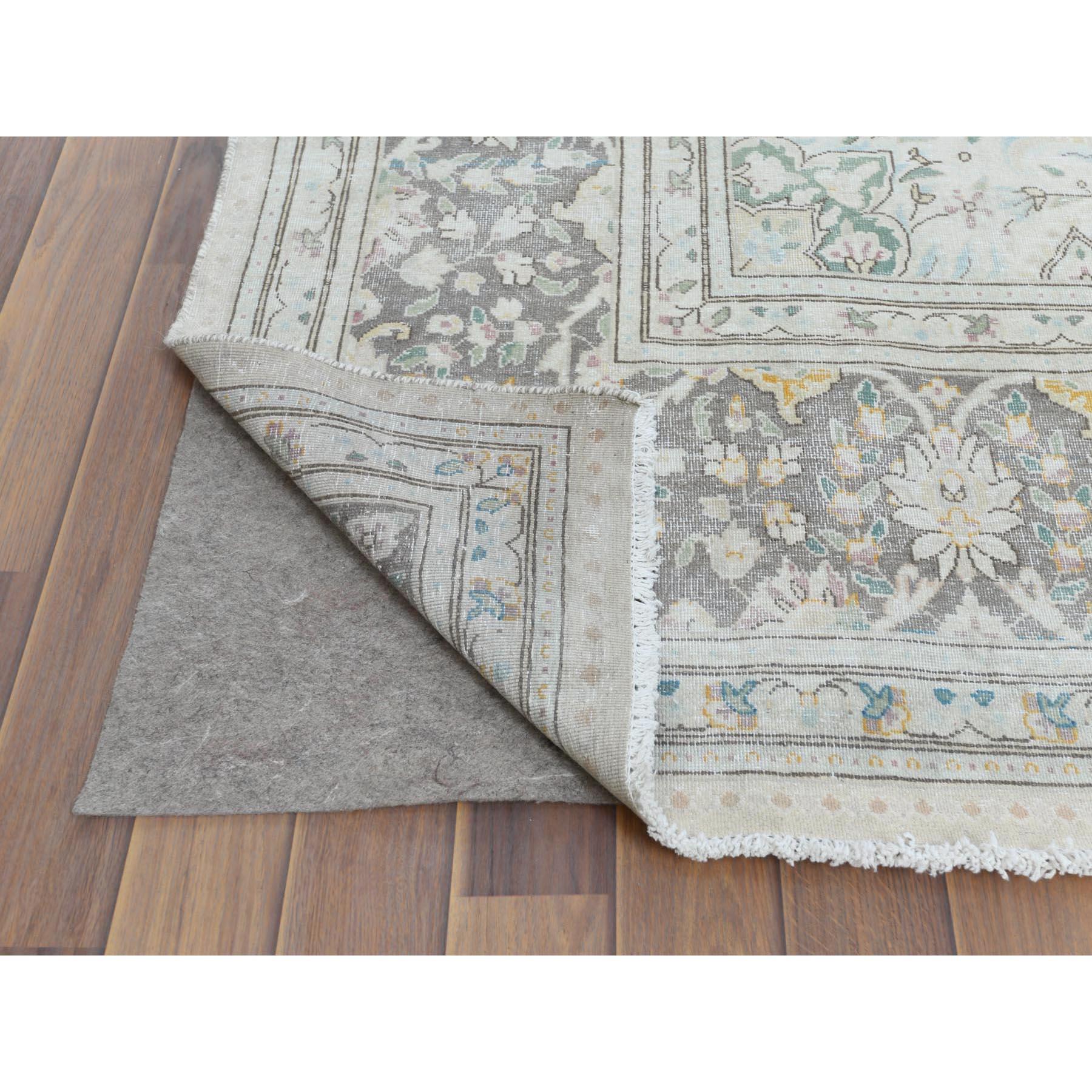 Bohemian Hand Knotted Washed Out Gray Pure Wool Worn Down Persian Kerman Rug In Good Condition For Sale In Carlstadt, NJ