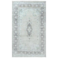 Bohemian Hand Knotted Washed Out Gray Pure Wool Worn Down Persian Kerman Rug