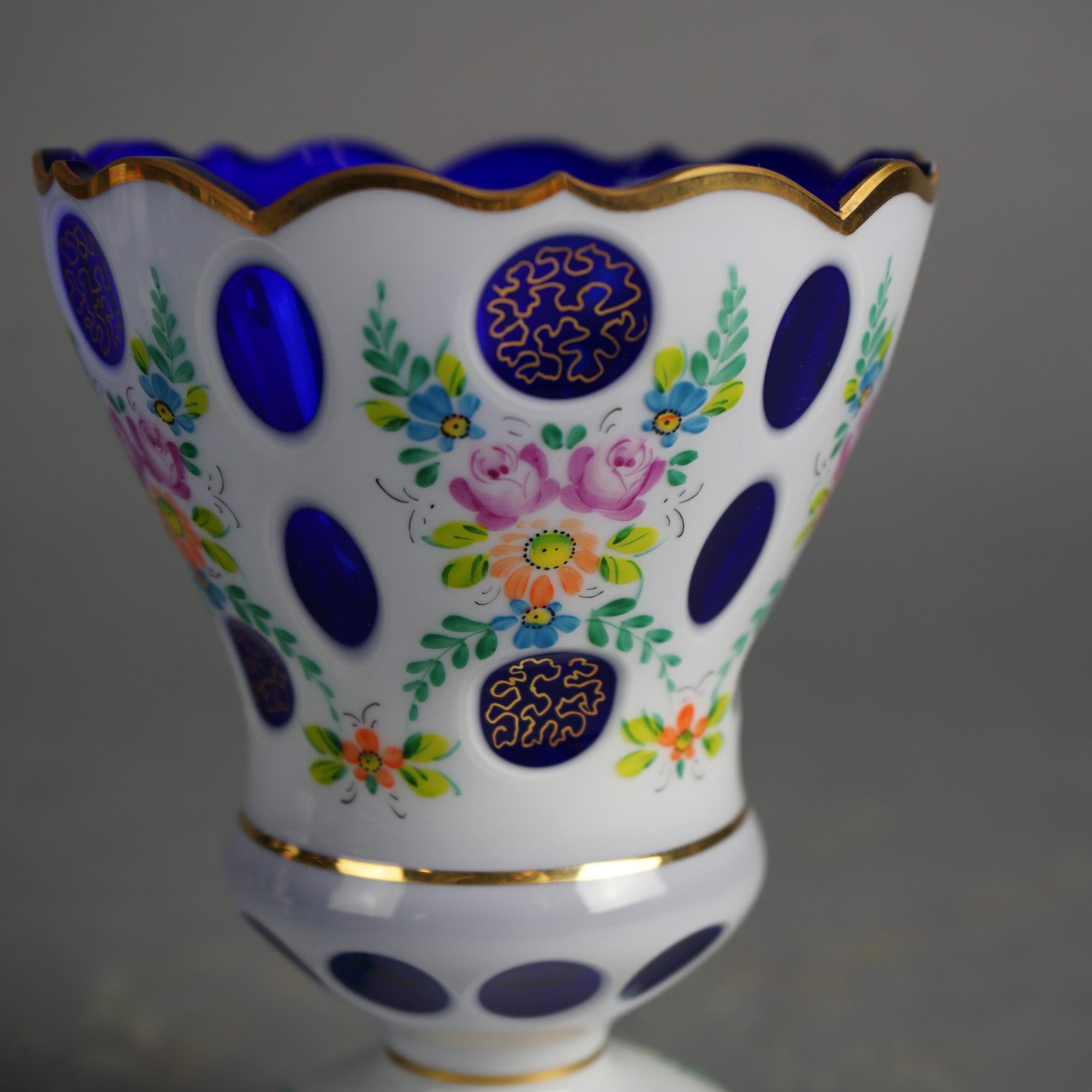 Bohemian Hand Painted & Gilt Cobalt Cut to Clear Glass Footed Vase 20thC For Sale 6