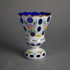 Bohemian Hand Painted & Gilt Cobalt Cut to Clear Glass Footed Vase 20thC