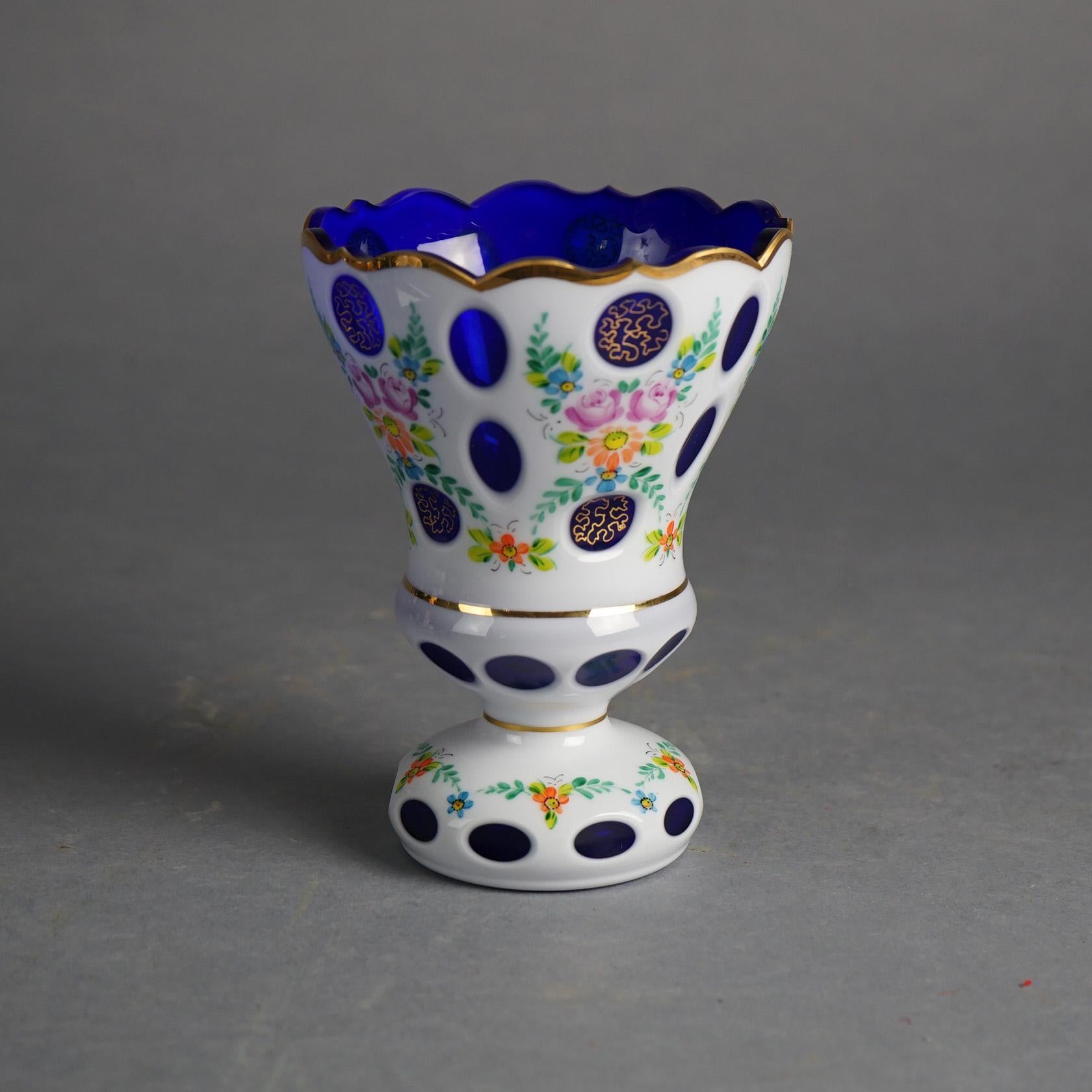 Bohemian Hand Painted & Gilt Cobalt Cut to Clear Glass Footed Vase 20thC In Good Condition For Sale In Big Flats, NY