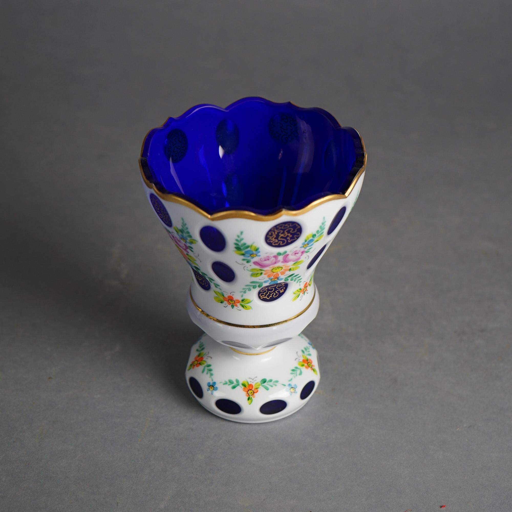 20th Century Bohemian Hand Painted & Gilt Cobalt Cut to Clear Glass Footed Vase 20thC For Sale