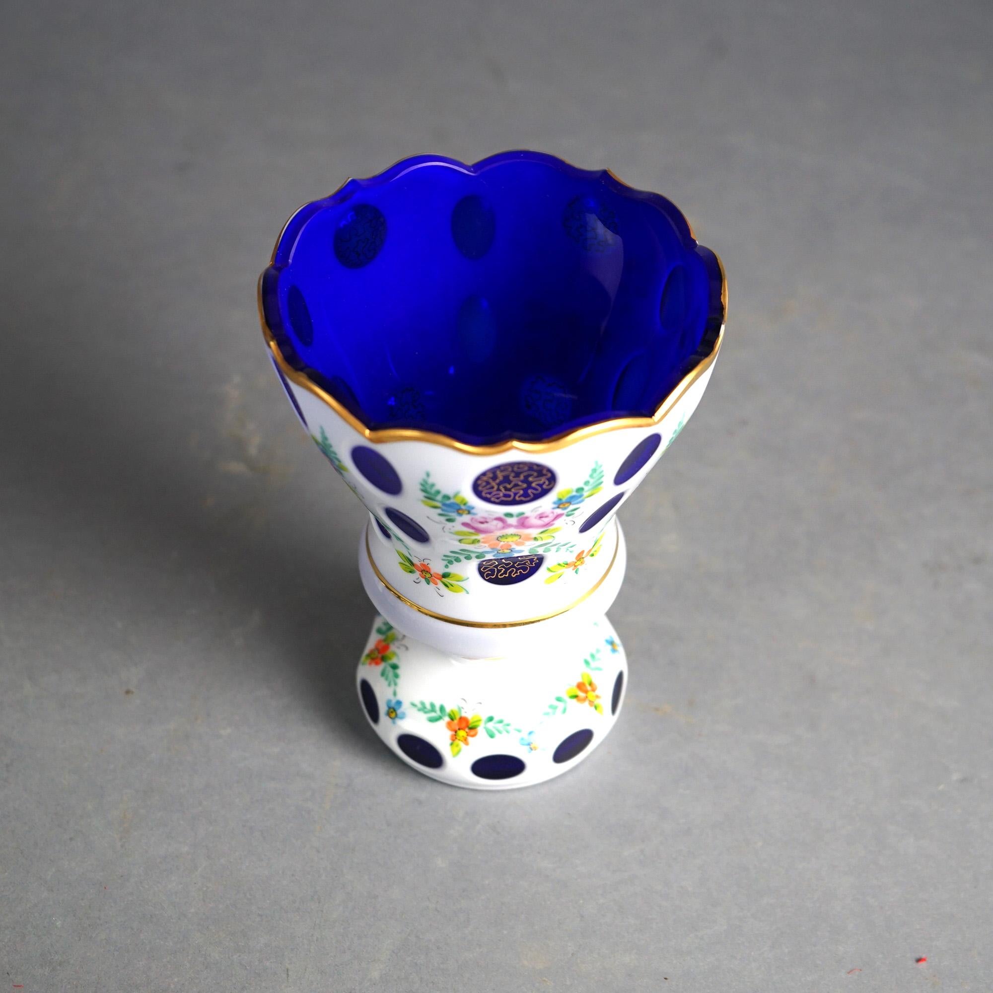 Bohemian Hand Painted & Gilt Cobalt Cut to Clear Glass Footed Vase 20thC For Sale 4
