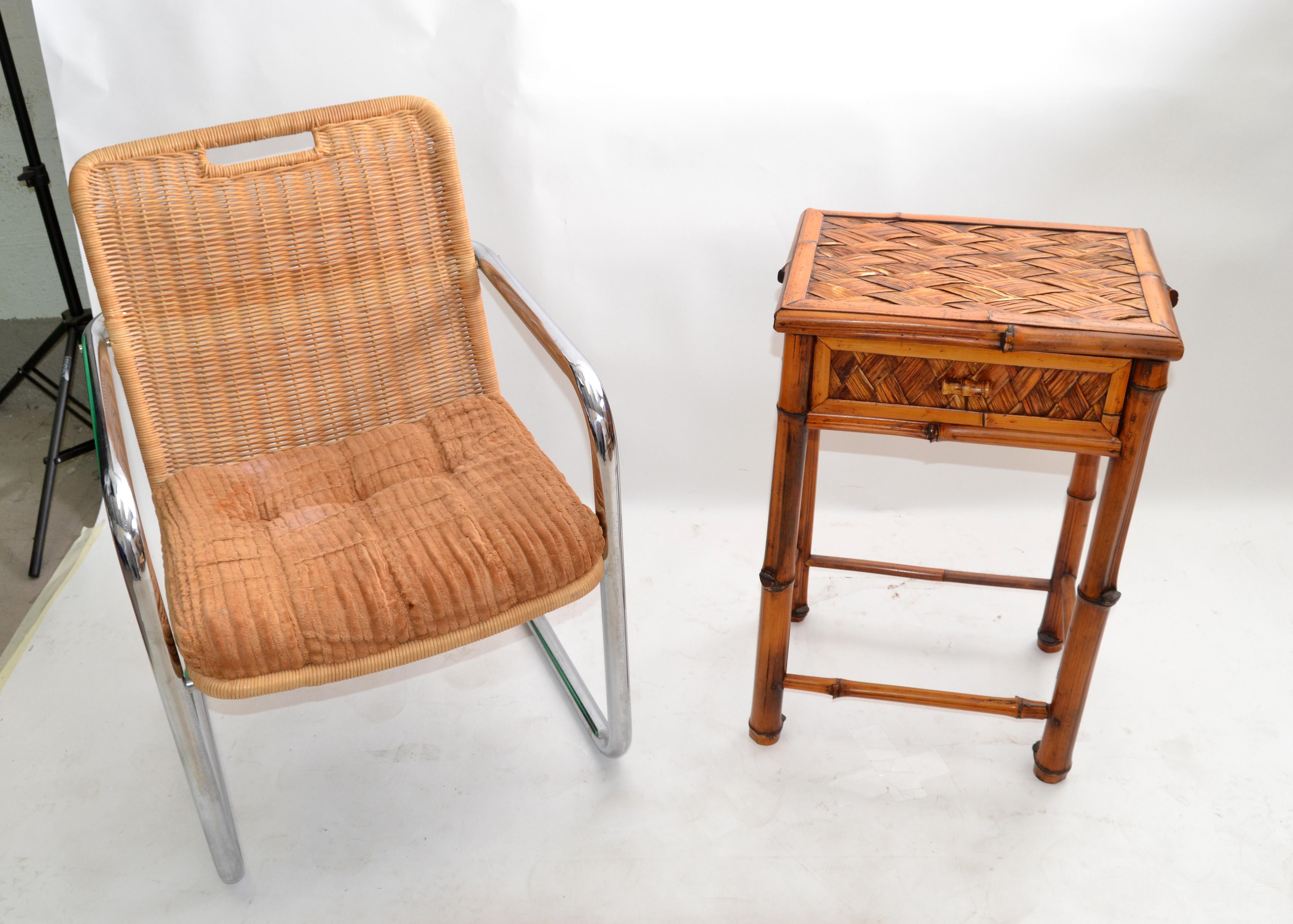 Bohemian Handcrafted Mid-Century Modern Bamboo & Rattan Side Table with Drawer For Sale 2