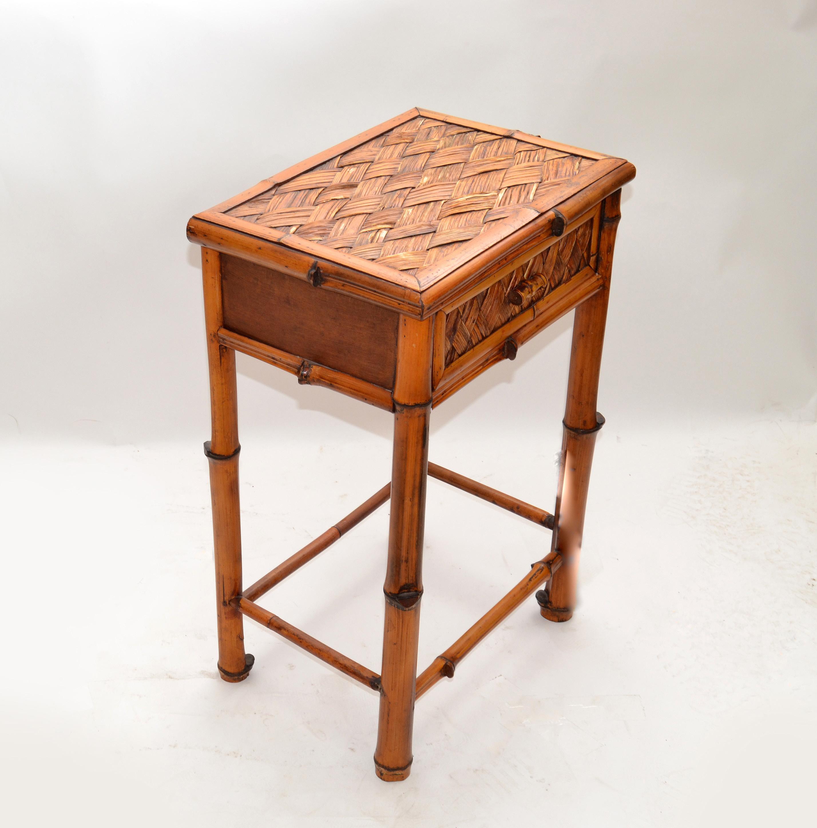 Bohemian Handcrafted Mid-Century Modern Bamboo & Rattan Side Table with Drawer For Sale 3