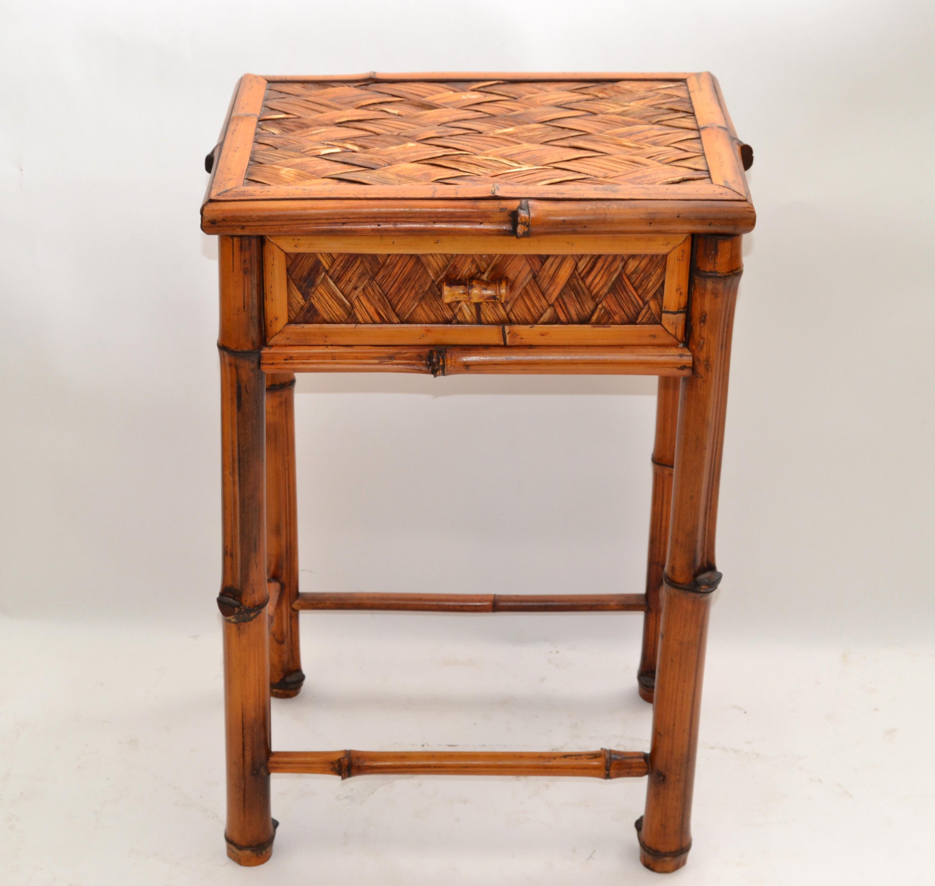 Bohemian Handcrafted Mid-Century Modern Bamboo & Rattan Side Table with Drawer For Sale 4