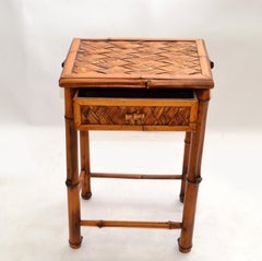 Bohemian Handcrafted Mid-Century Modern Bamboo & Rattan Side Table with Drawer