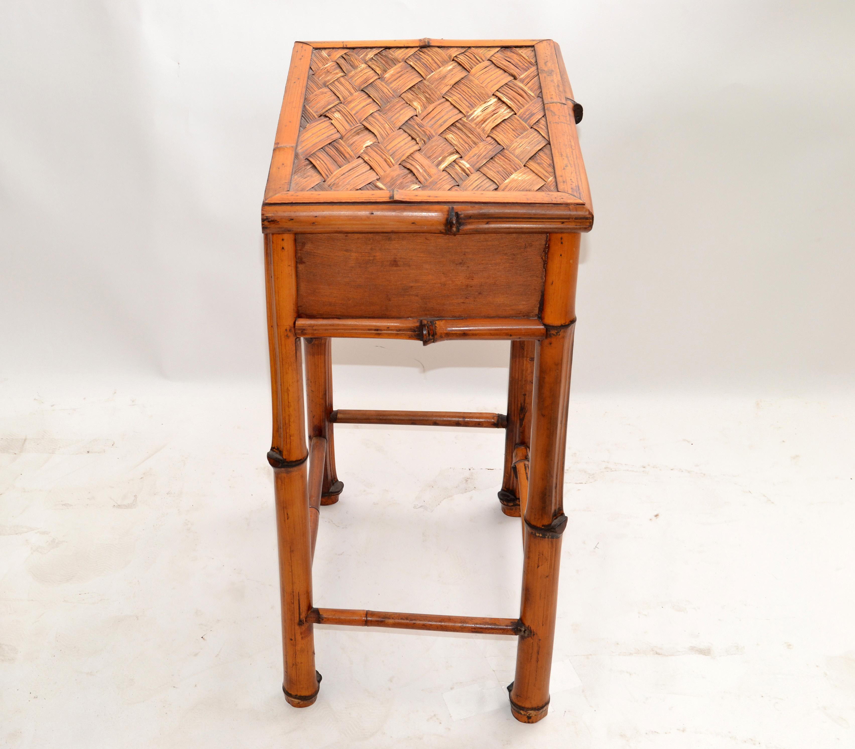 American Bohemian Handcrafted Mid-Century Modern Bamboo & Rattan Side Table with Drawer For Sale