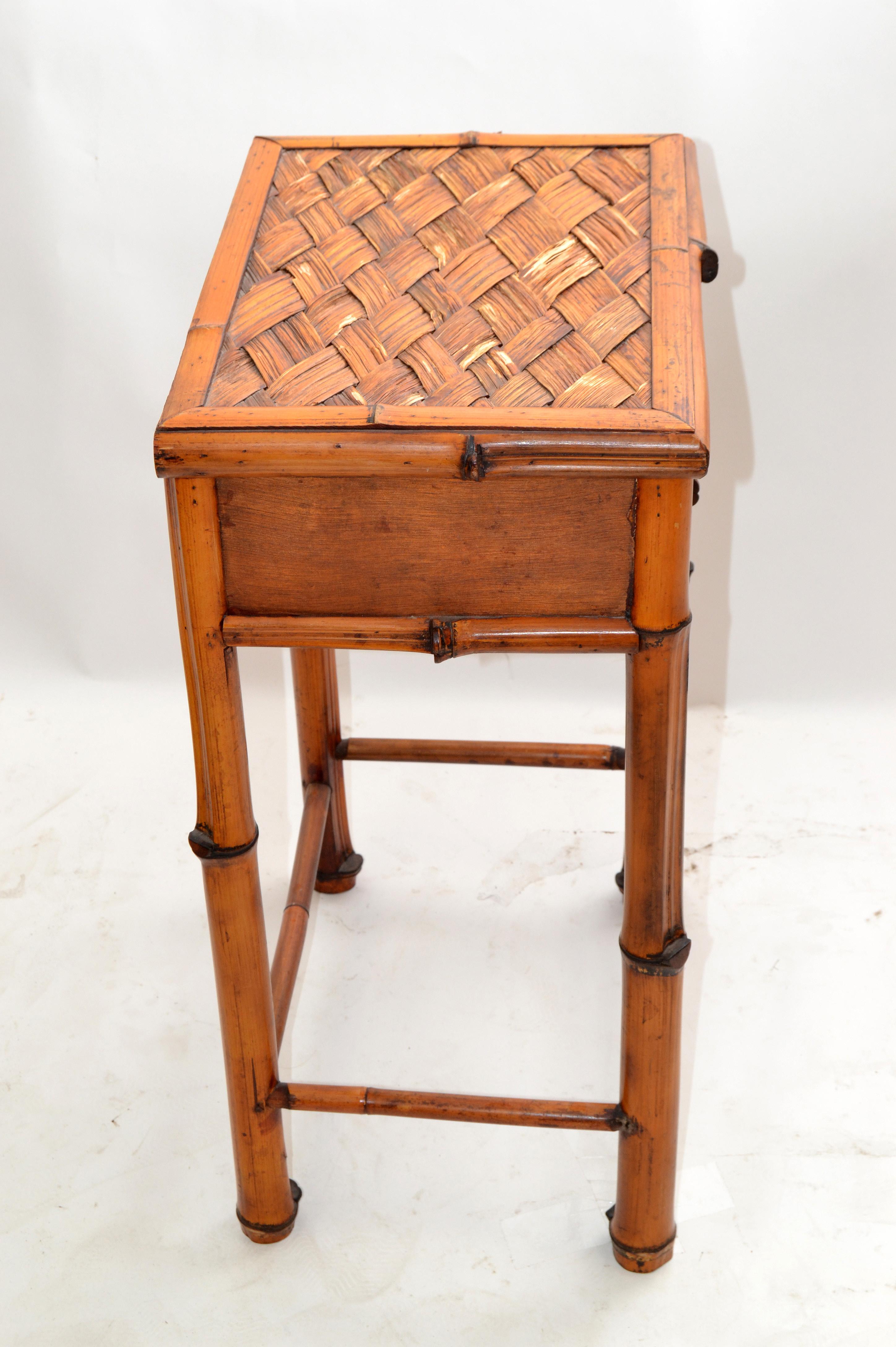 Hand-Crafted Bohemian Handcrafted Mid-Century Modern Bamboo & Rattan Side Table with Drawer For Sale