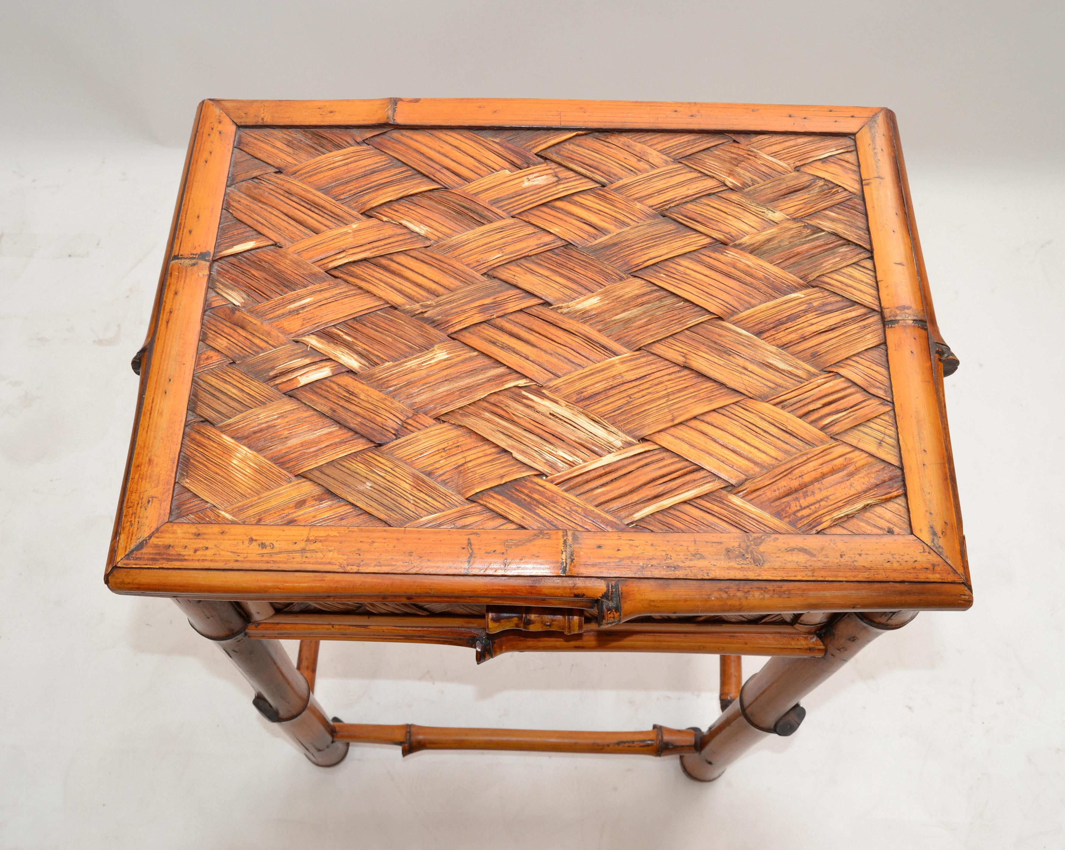 20th Century Bohemian Handcrafted Mid-Century Modern Bamboo & Rattan Side Table with Drawer For Sale