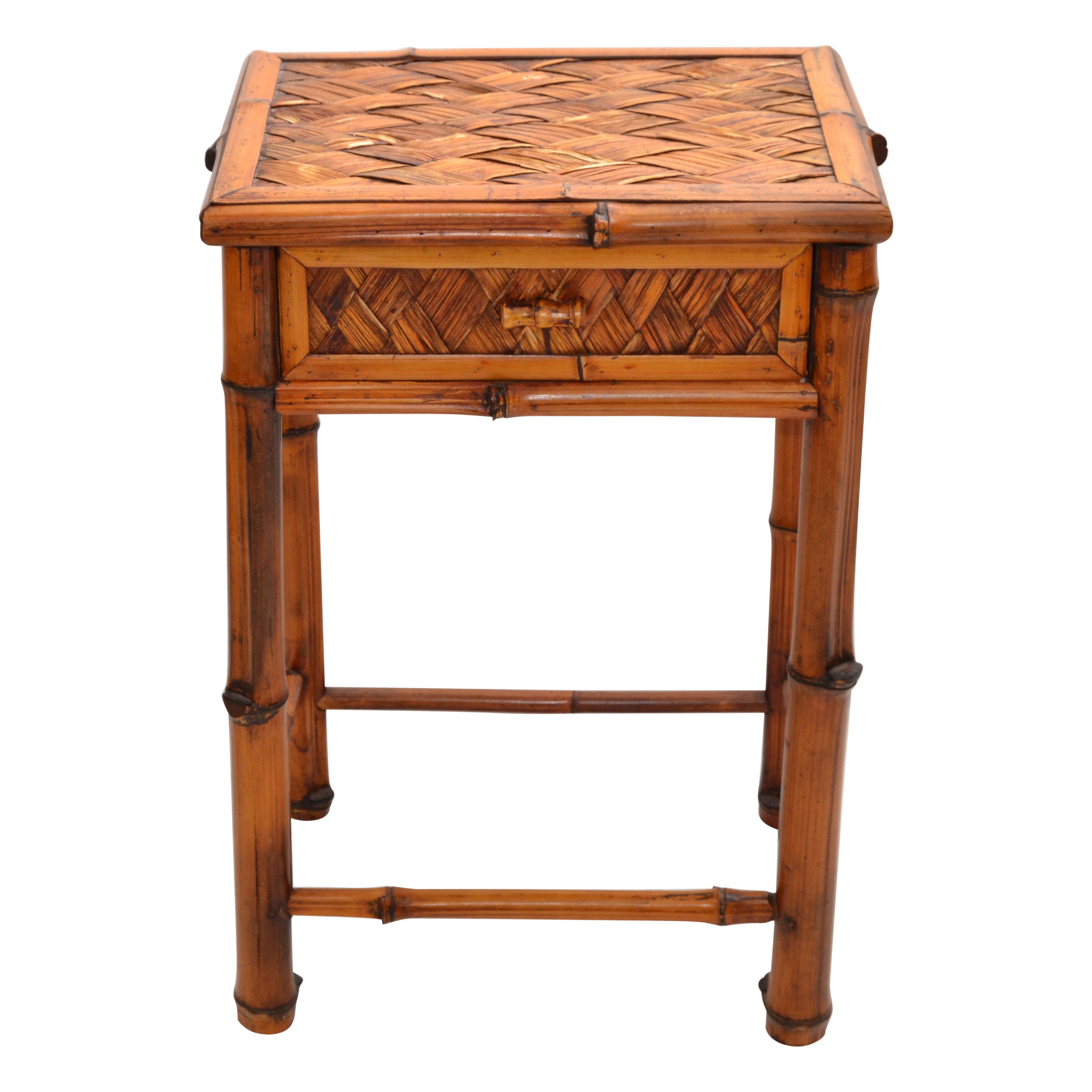 Bohemian Handcrafted Mid-Century Modern Bamboo & Rattan Side Table with Drawer