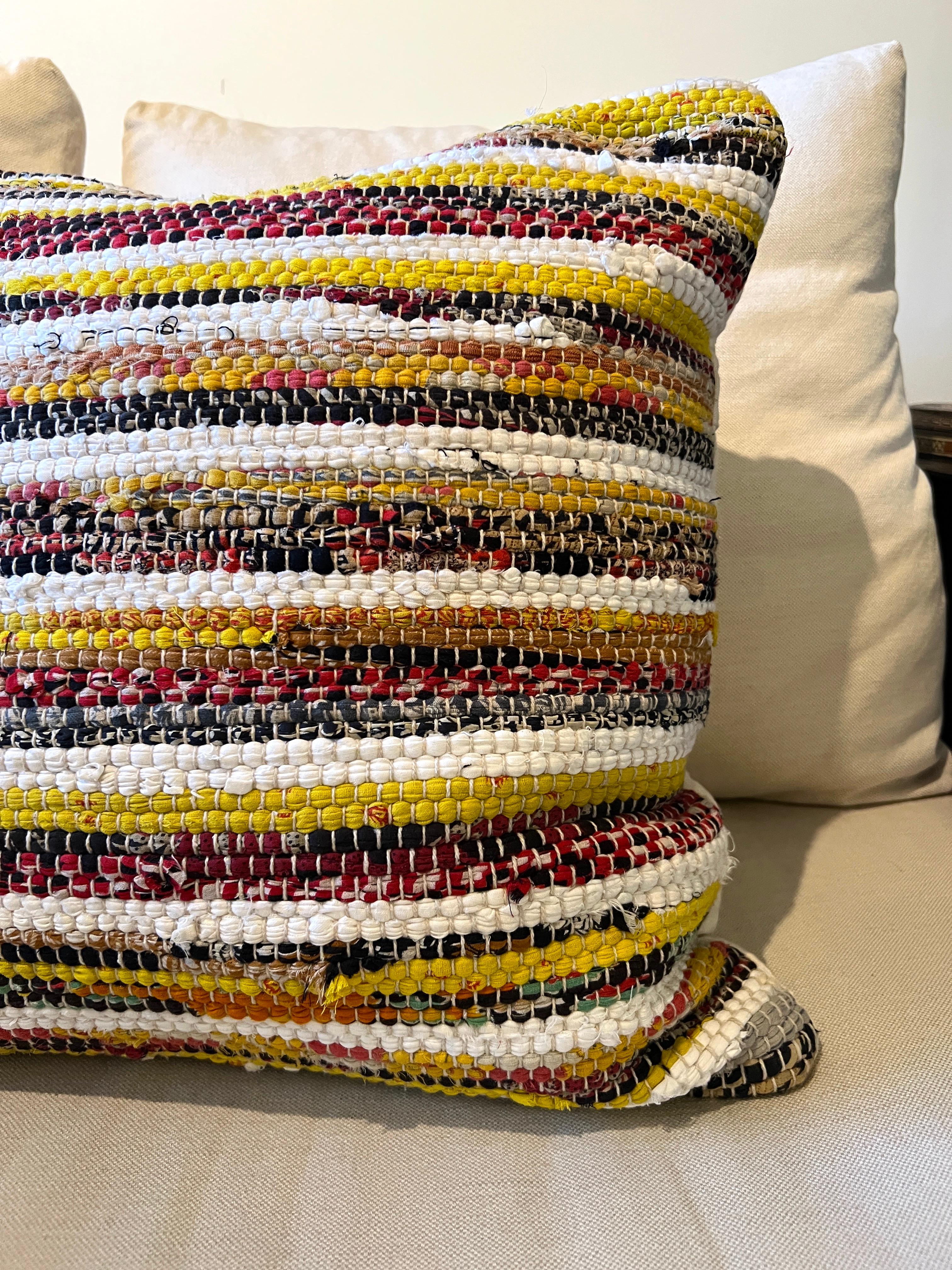 Indian Bohemian Handwoven Pillow In Multicolor Hemp For Sale