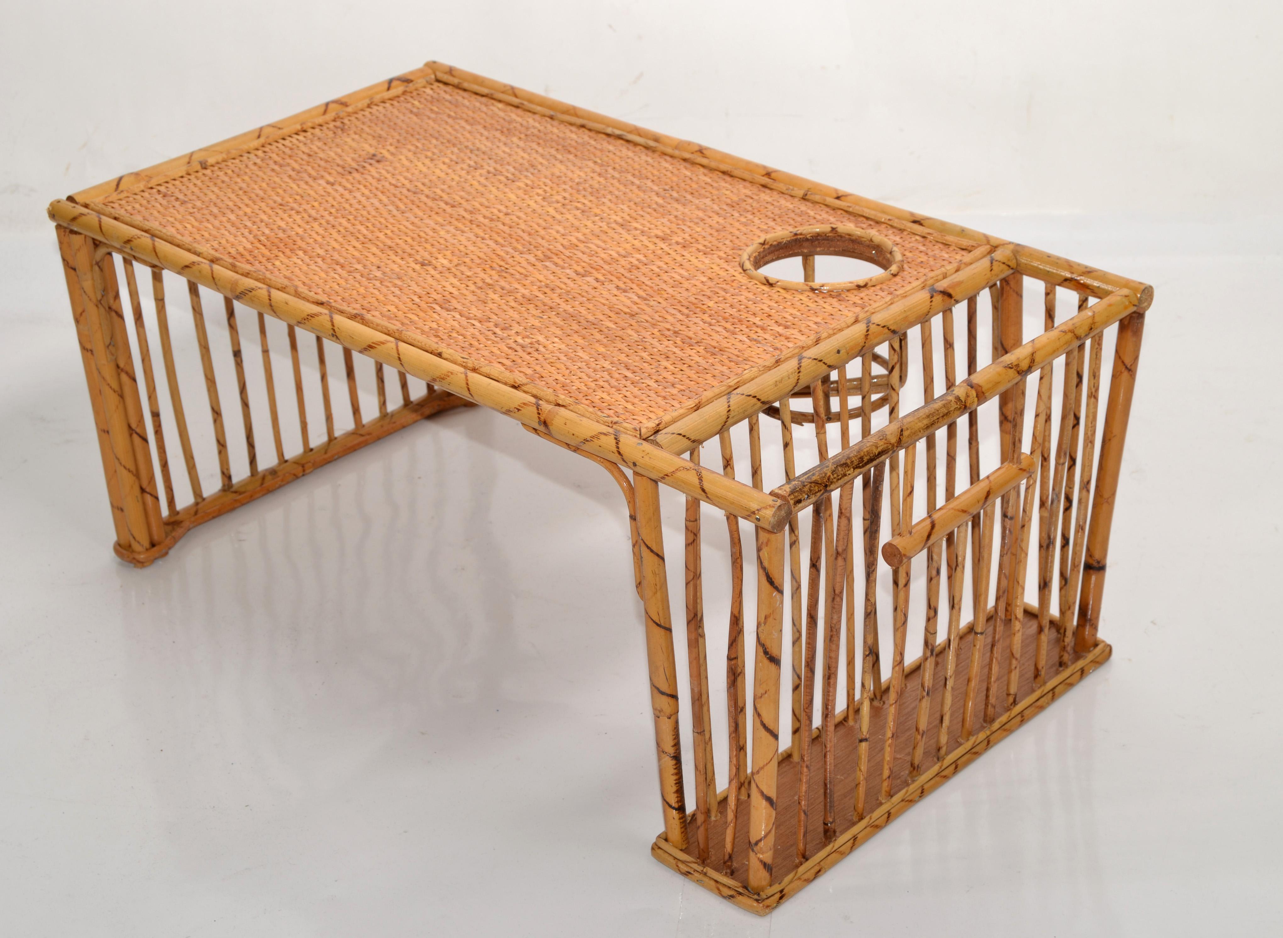Chinese Export Bohemian Handwoven Reed Caning Bamboo Breakfast Bed Tray Table Cup Book Holder For Sale