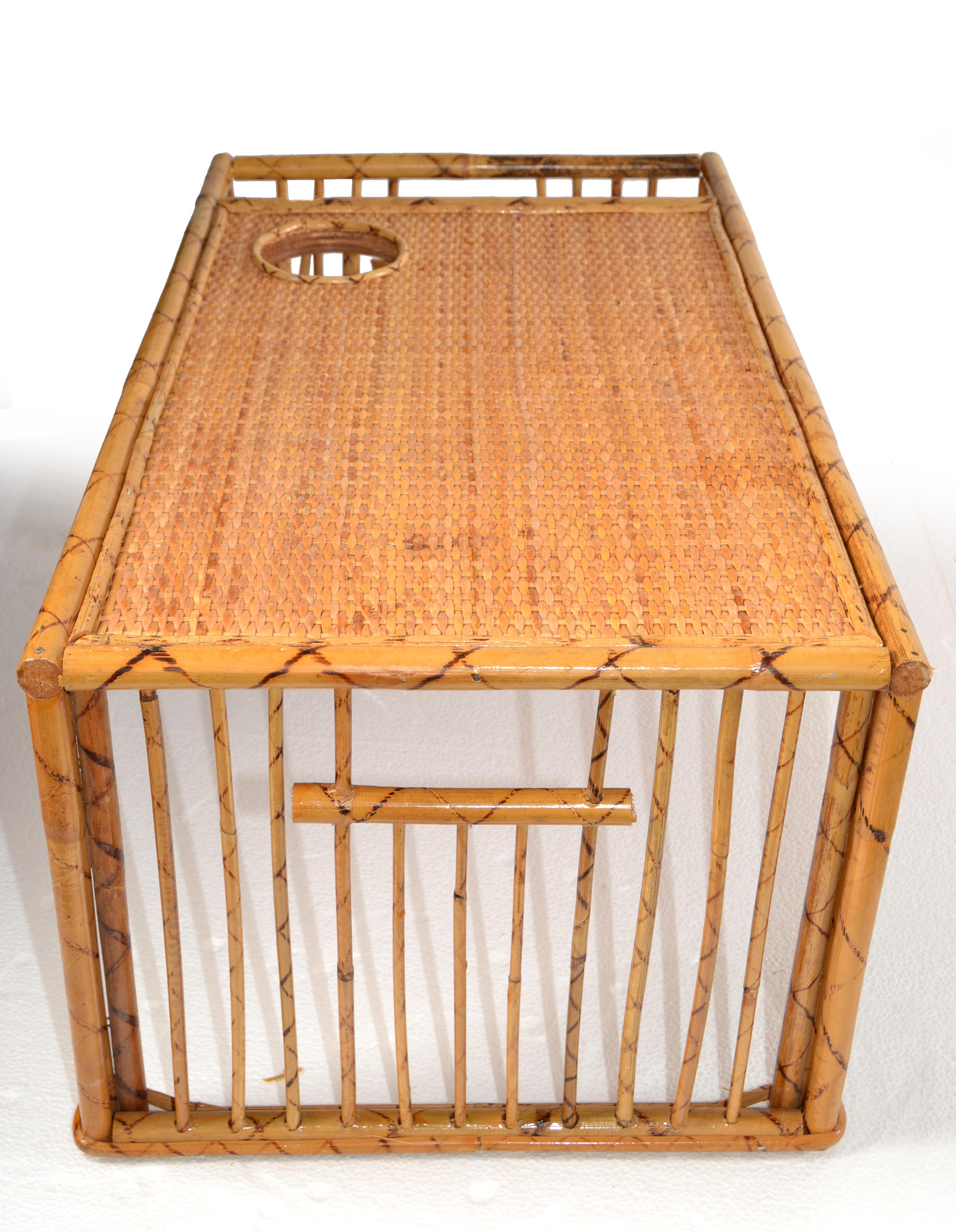 Chinese Export Bohemian Handwoven Reed Caning Bamboo Breakfast Bed Tray Table Cup Book Holder For Sale