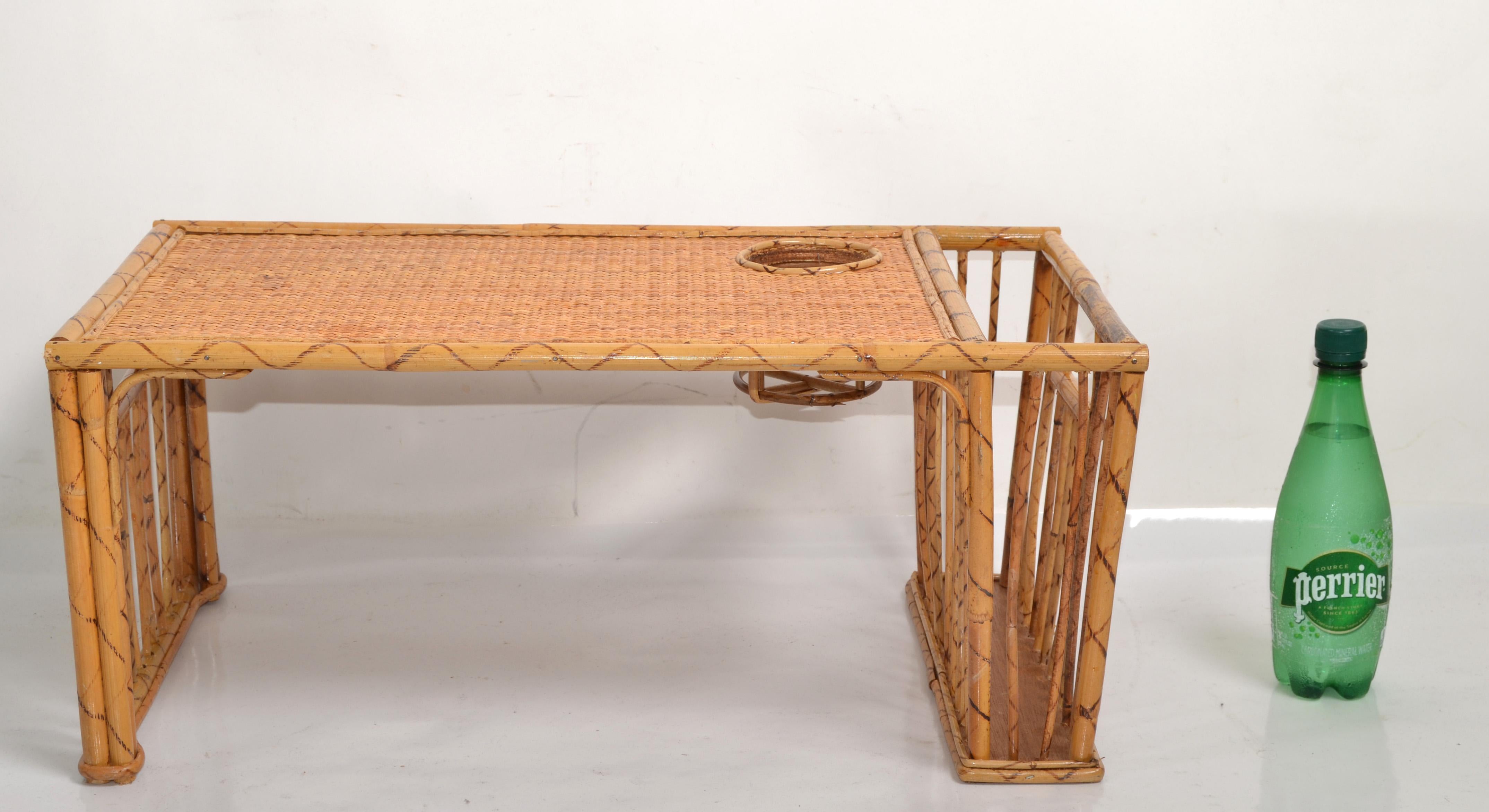 Bohemian Handwoven Reed Caning Bamboo Breakfast Bed Tray Table Cup Book Holder In Good Condition For Sale In Miami, FL