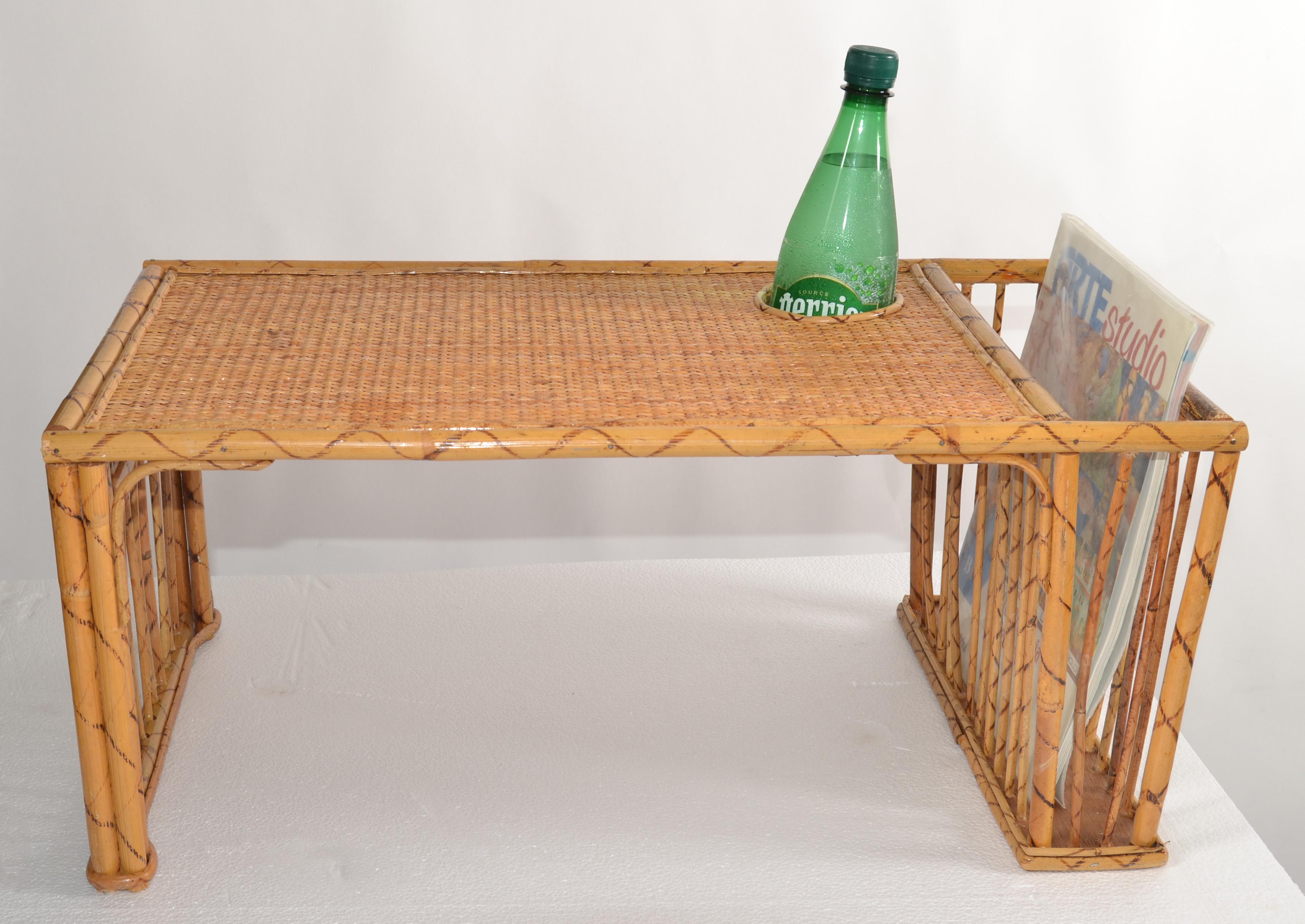 Bohemian Handwoven Reed Caning Bamboo Breakfast Bed Tray Table Cup Book Holder In Good Condition For Sale In Miami, FL