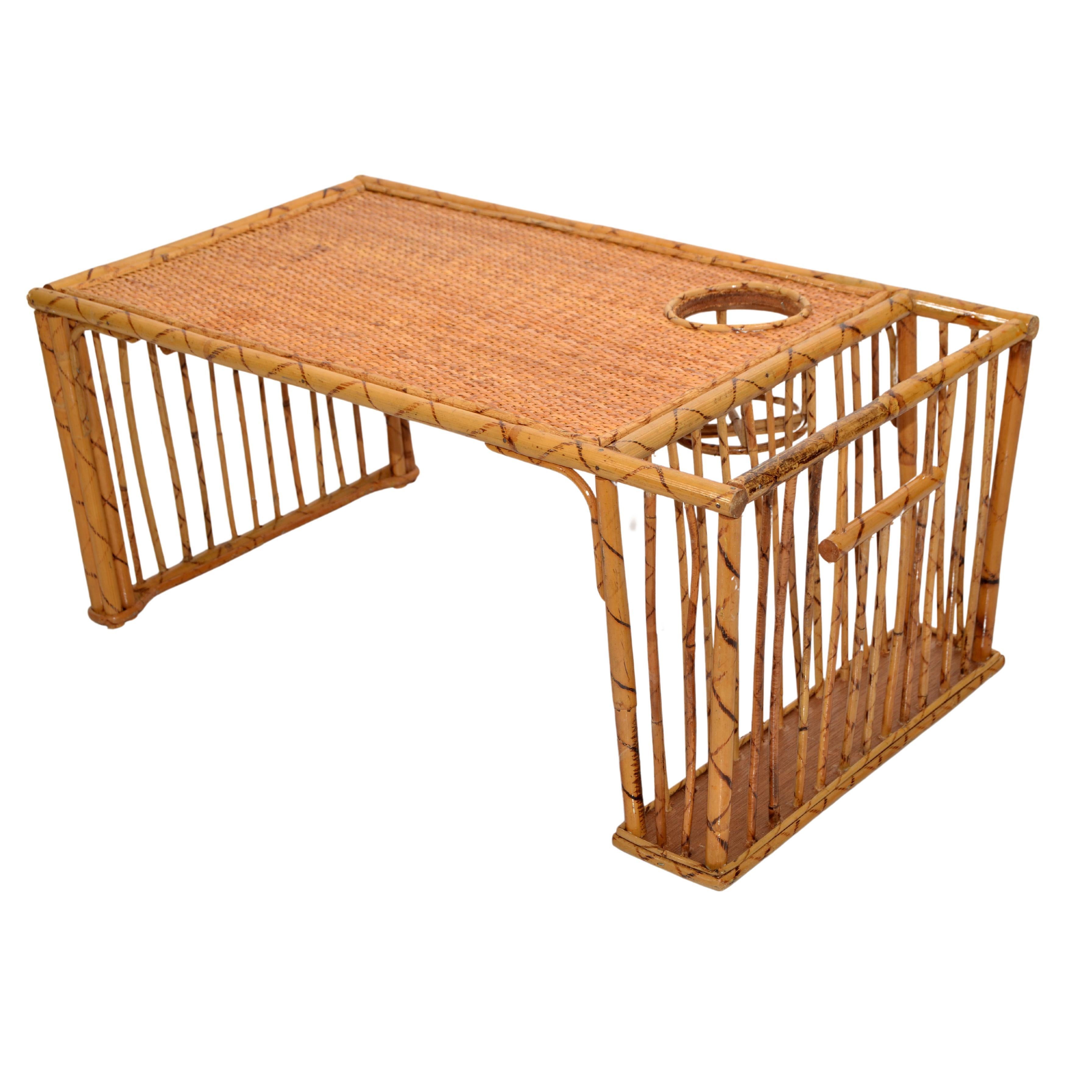 Bohemian Handwoven Reed Caning Bamboo Breakfast Bed Tray Table Cup Book Holder For Sale