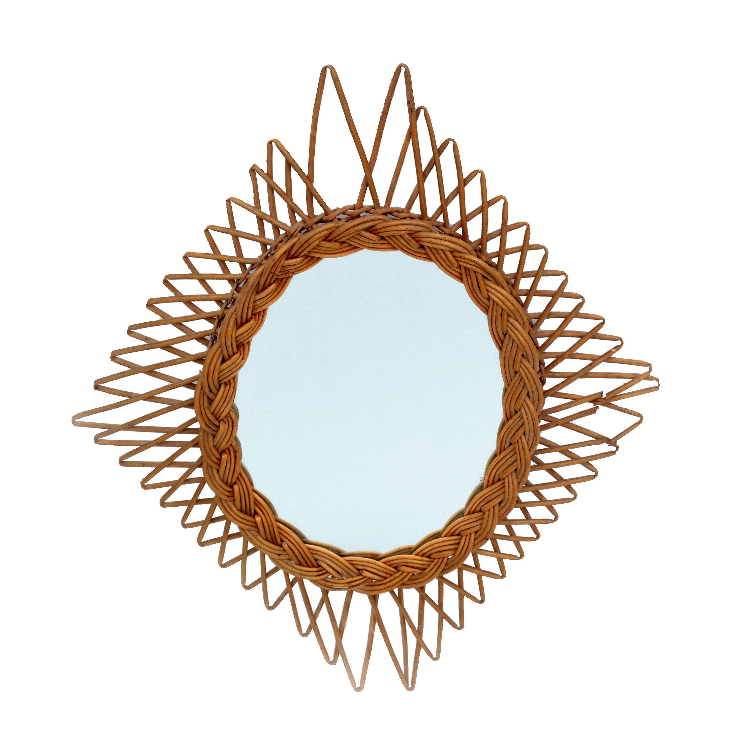 Bohemian Handwoven Wicker Wall Mirror Rhombus Shape French Mid-Century Modern For Sale 6