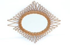 Bohemian Handwoven Wicker Wall Mirror Rhombus Shape French Mid-Century Modern