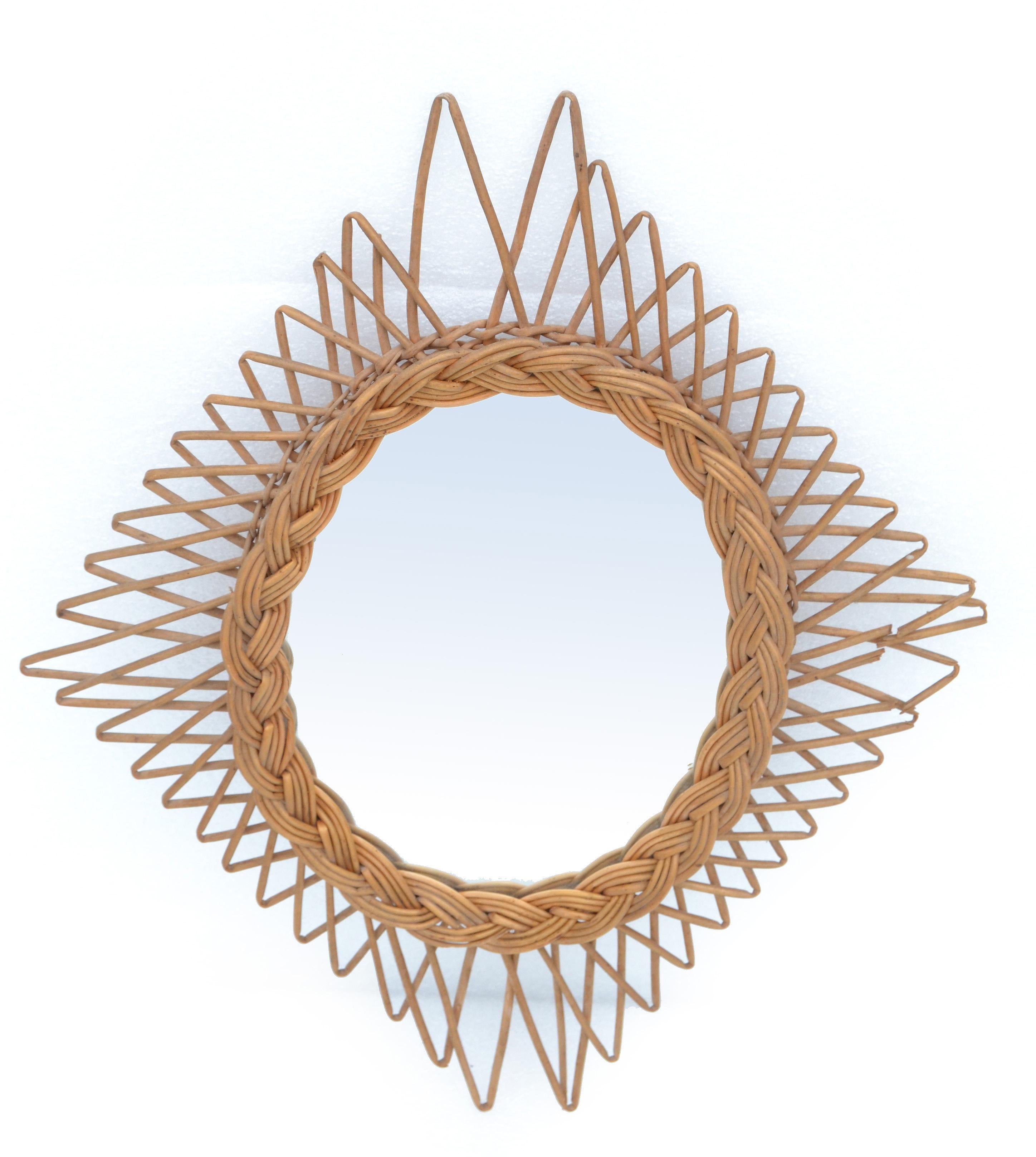 Bohemian Handwoven Wicker Wall Mirror Rhombus Shape French Mid-Century Modern In Good Condition For Sale In Miami, FL