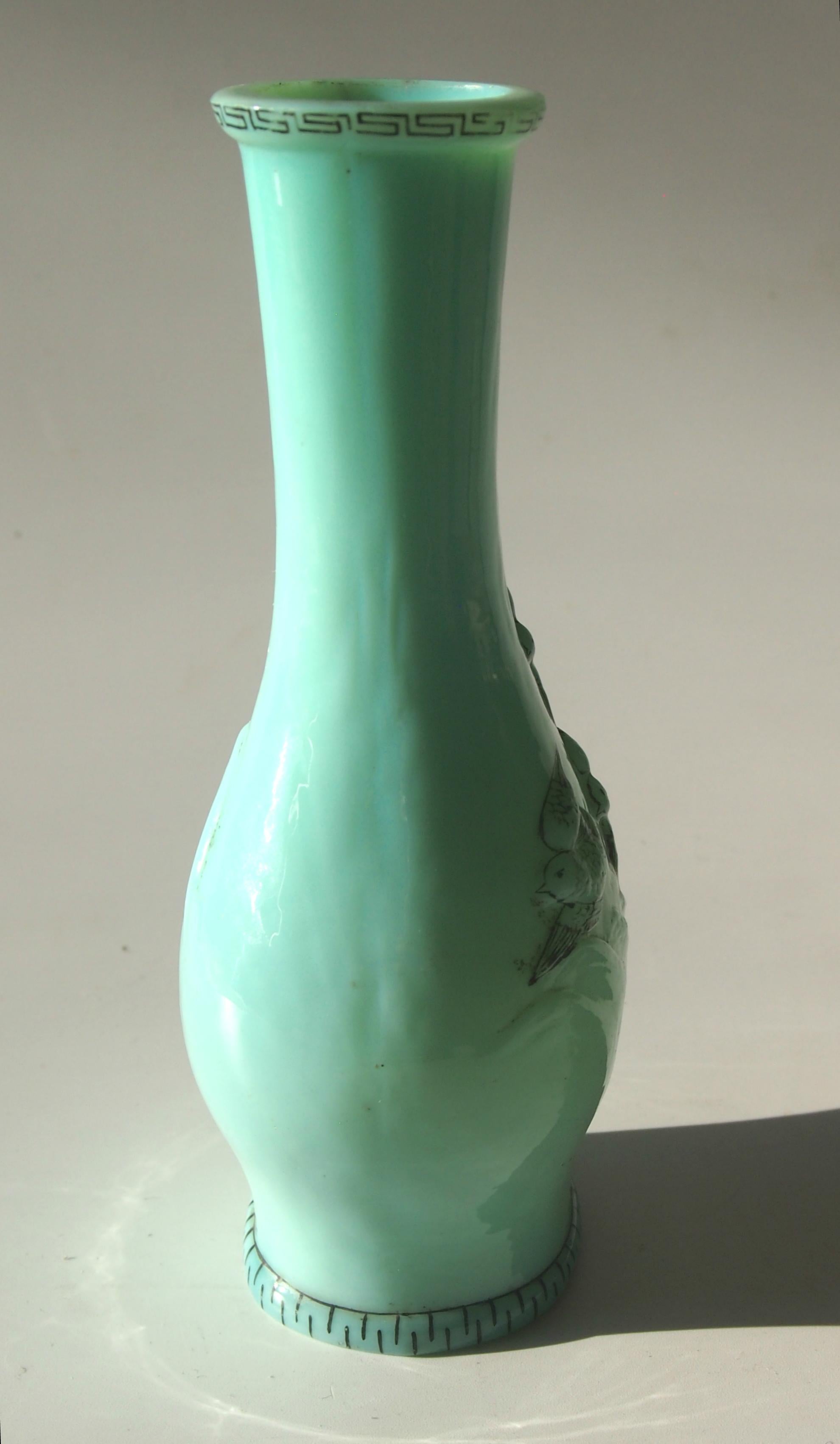 Czech Bohemian Harrach 'Jade' Chinoiserie Glass Vase with Birds and Mountains For Sale