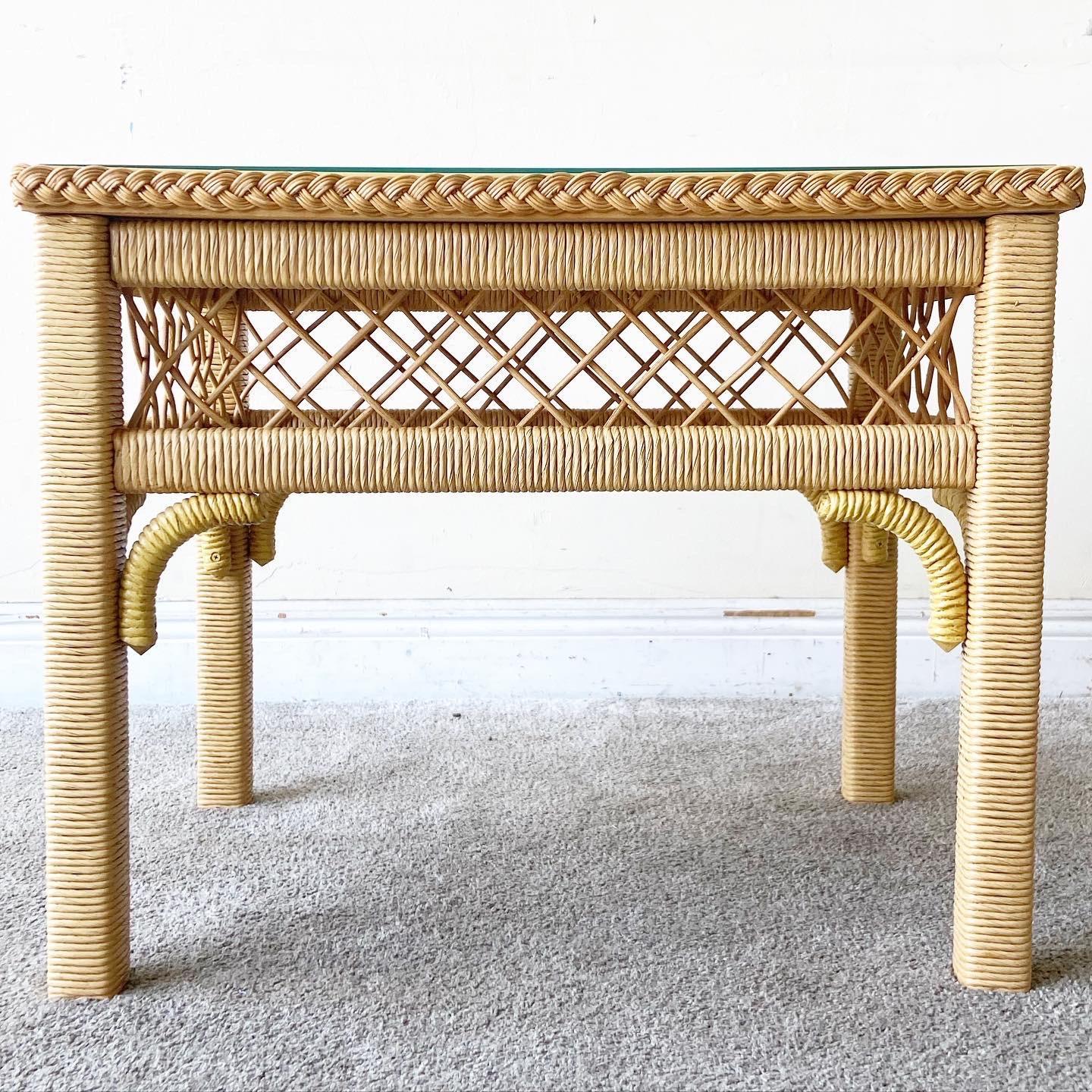 Bohemian Henry Link Wicker Glass Top Side Table In Good Condition In Delray Beach, FL
