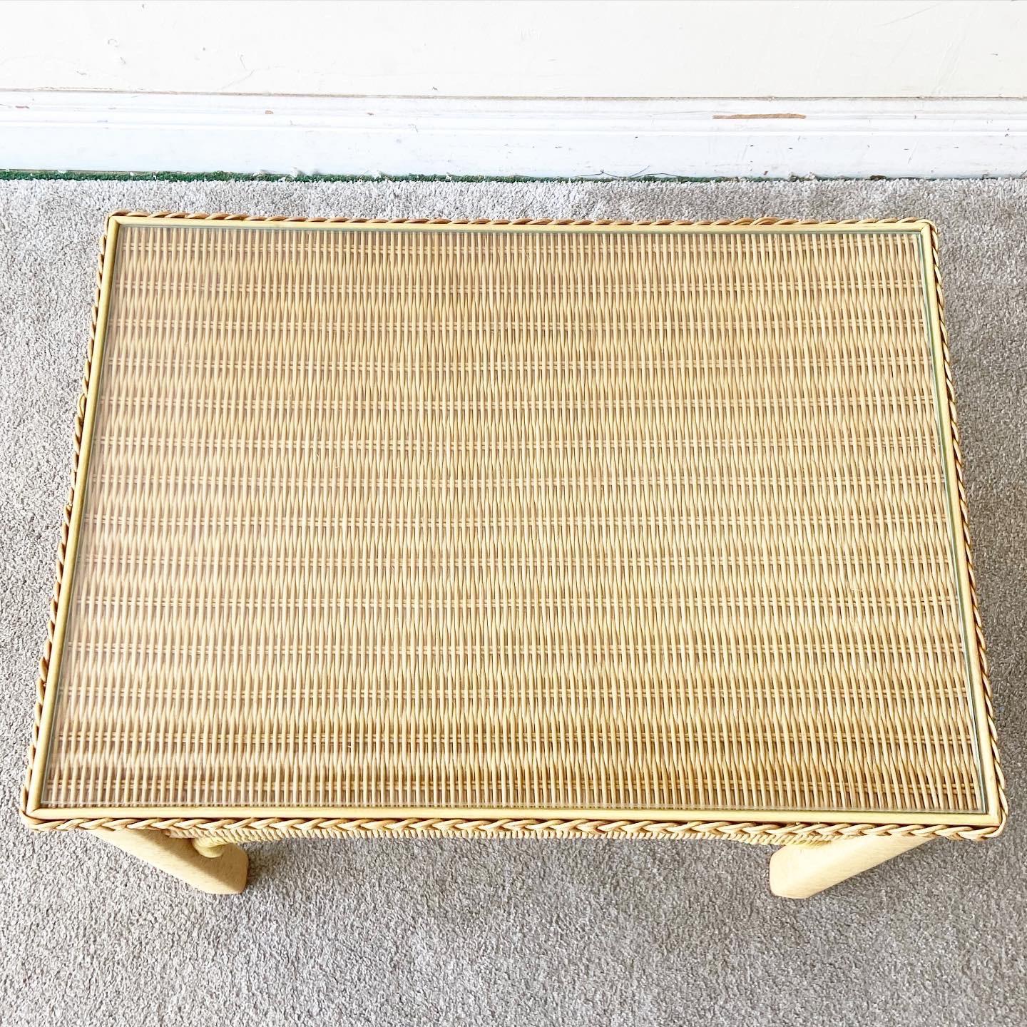 Late 20th Century Bohemian Henry Link Wicker Glass Top Side Table