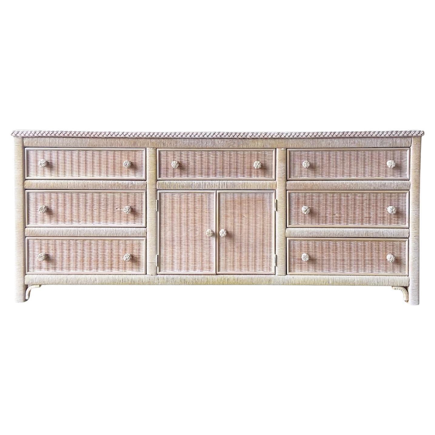 Bohemian Henry Link Wicker and Rattan Glass Top Dresser For Sale at