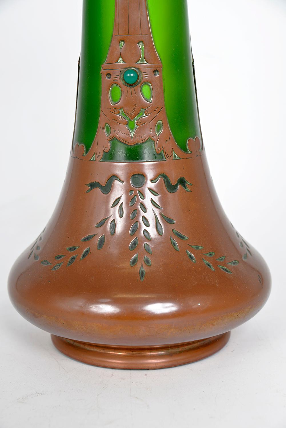 Bohemian Jugendstil Art Nouveau Austrian Secessionist Glass Copper Overlay Vase For Sale 5