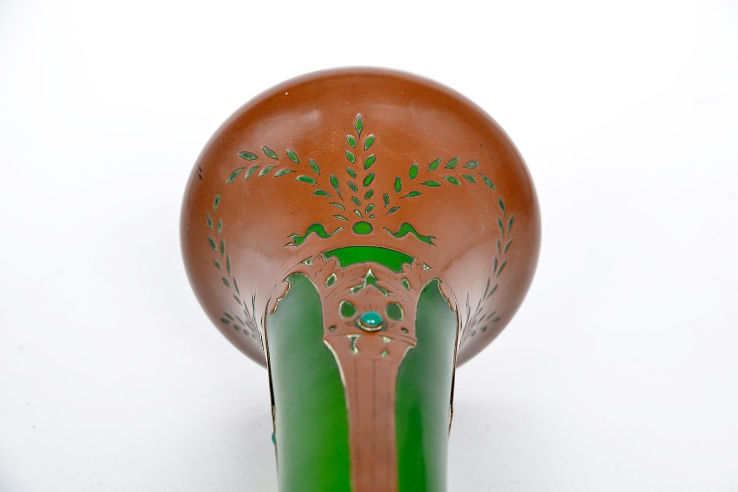 Bohemian Jugendstil Art Nouveau Austrian Secessionist Glass Copper Overlay Vase For Sale 6