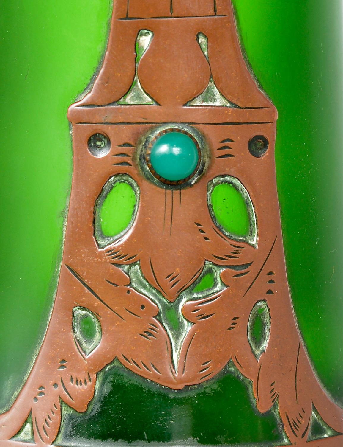 Bohemian Jugendstil Art Nouveau Austrian Secessionist Glass Copper Overlay Vase For Sale 7