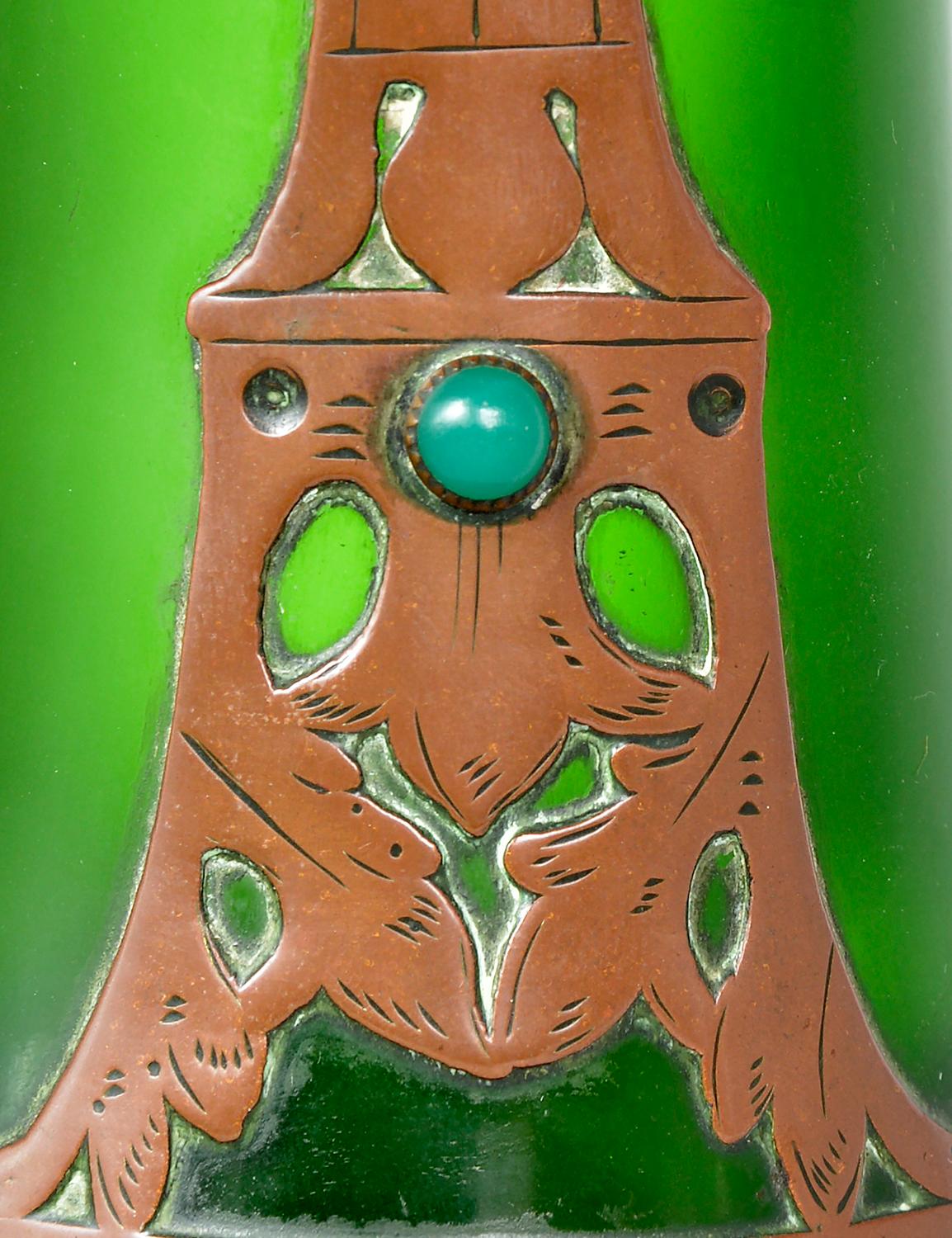 Vaso boemo Jugendstil Art Nouveau austriaco secessionista in vetro con sovrapposizione di rame in vendita 5