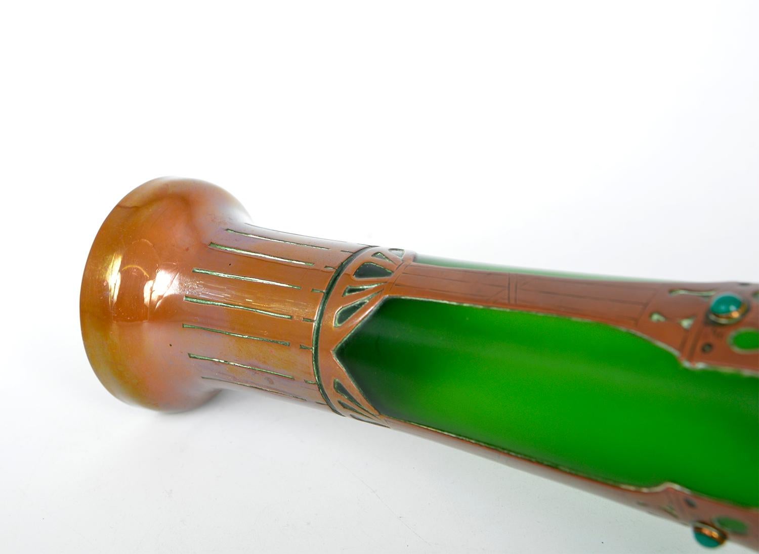 Bohemian Jugendstil Art Nouveau Austrian Secessionist Glass Copper Overlay Vase For Sale 9