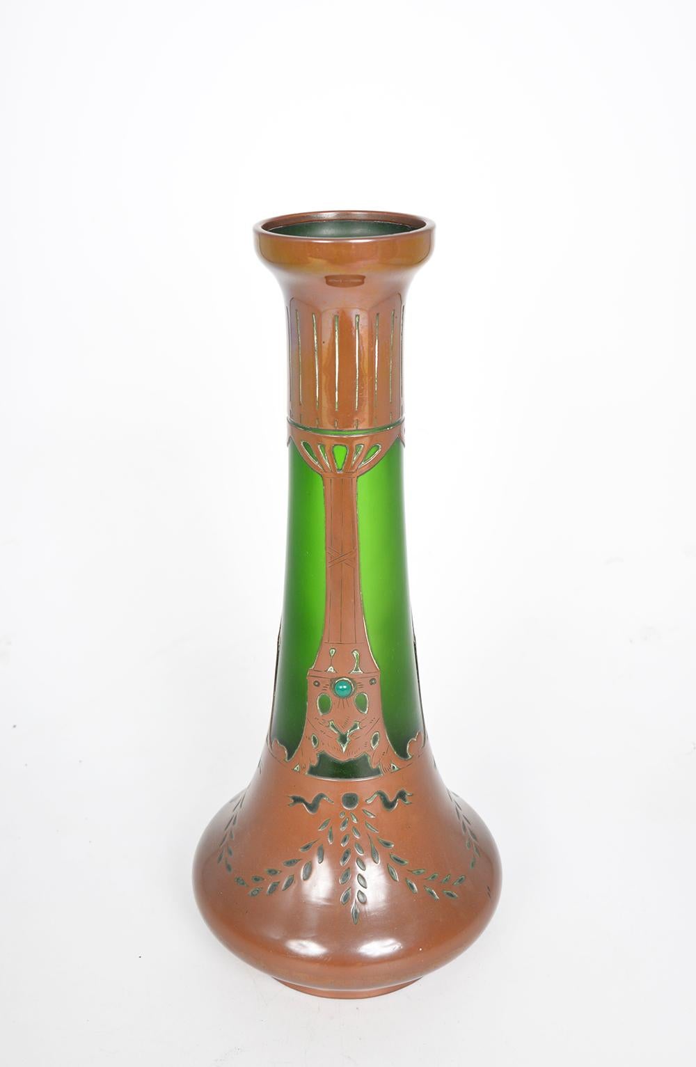 Hand-Carved Bohemian Jugendstil Art Nouveau Austrian Secessionist Glass Copper Overlay Vase For Sale