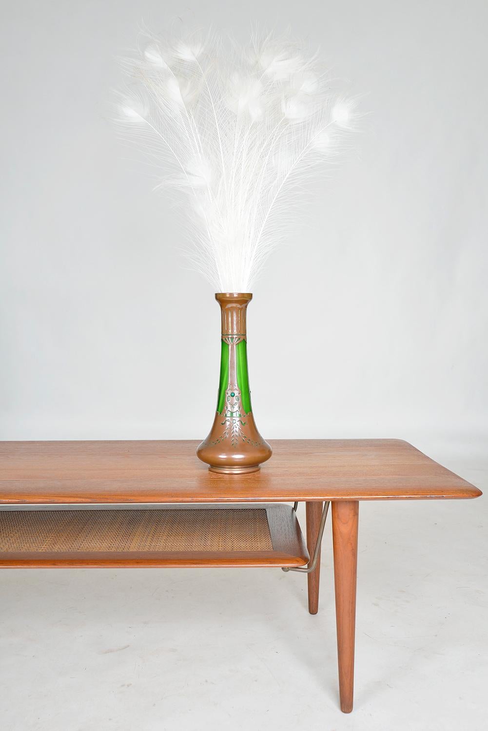 Early 20th Century Bohemian Jugendstil Art Nouveau Austrian Secessionist Glass Copper Overlay Vase For Sale